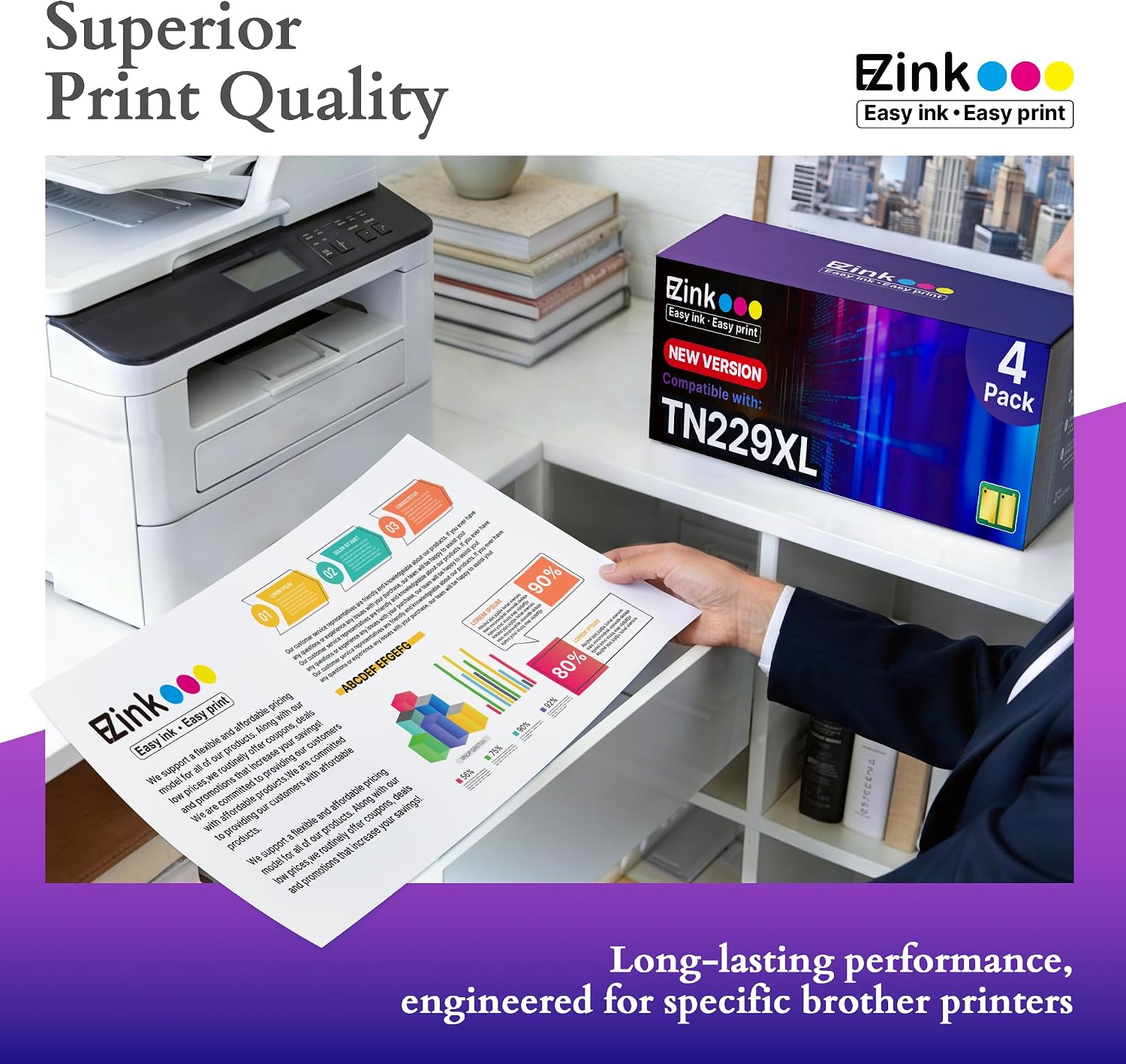 Detalle de E-Z Ink TN229XL Toner Cartridge 4-Pack with Chip, Black and Color