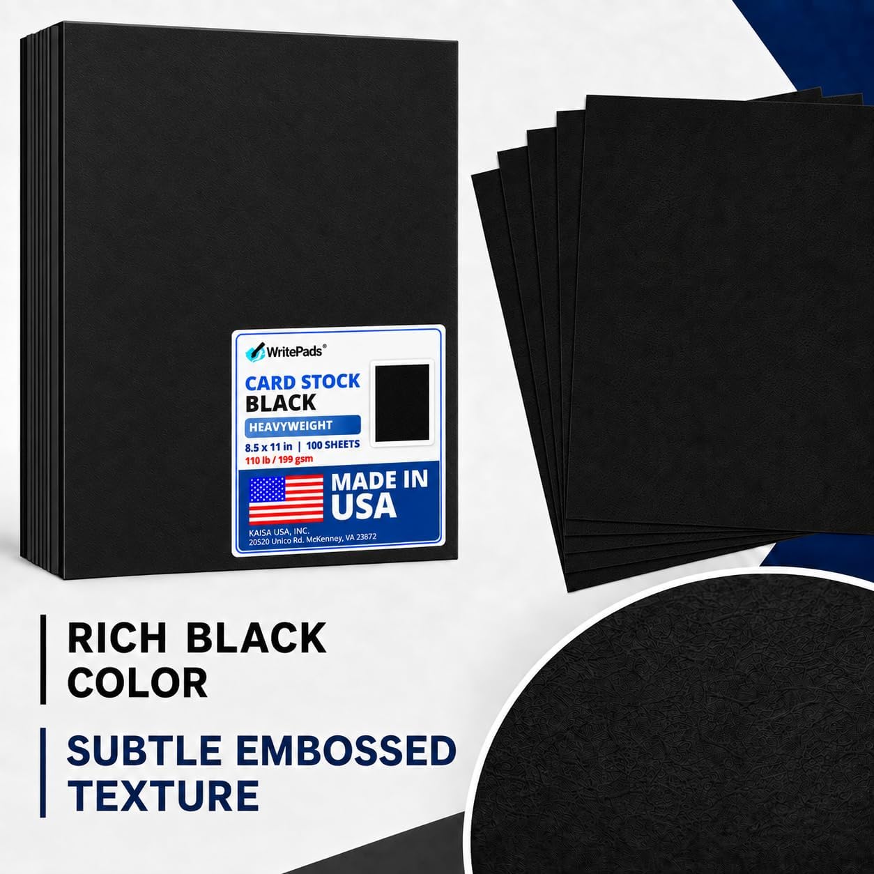 Detalle de KAISA KSU-73835 Black Cardstock, 110 lb, 199 gsm, 8.5 x 11 in, 100 Sheets