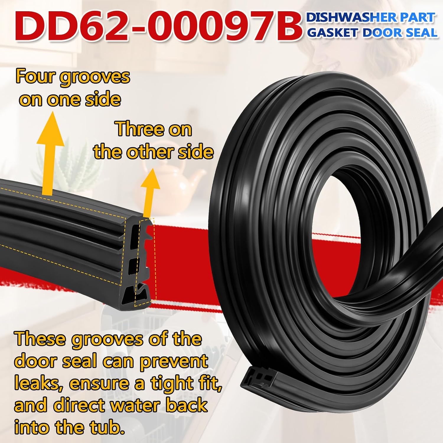 Detalle de Surqia DD62-00097B Dishwasher Door Gasket, 75.8-Inch Rubber Seal
