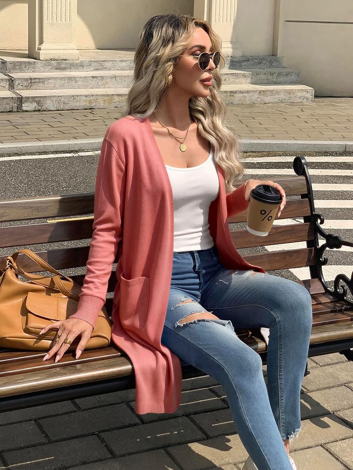 Detalle de Saodimallsu Damen Strickjacke – langer, leichter Cardigan mit offenem Vorderteil, V-Ausschnitt und Taschen