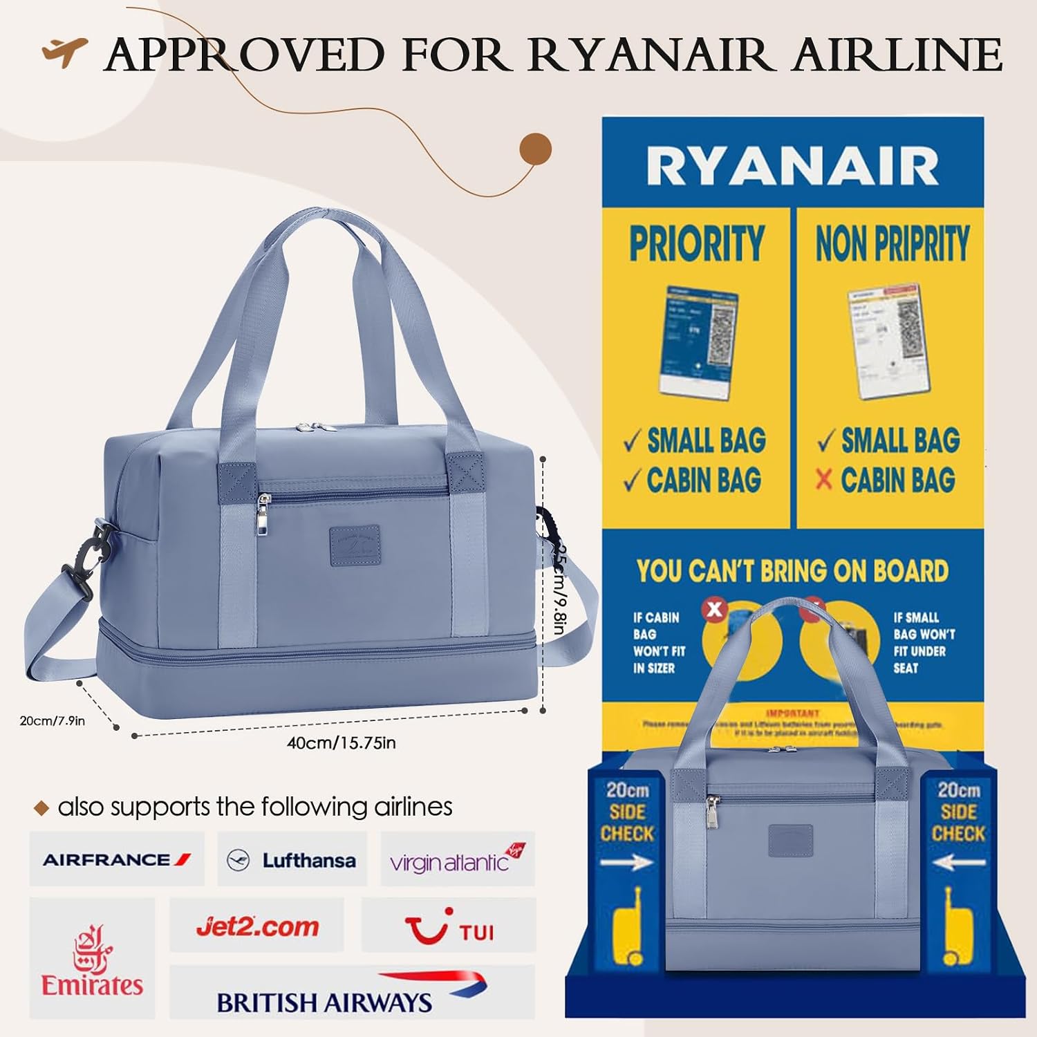 Detalle de Ryanair cabin bag 40x27.5x20 underseat