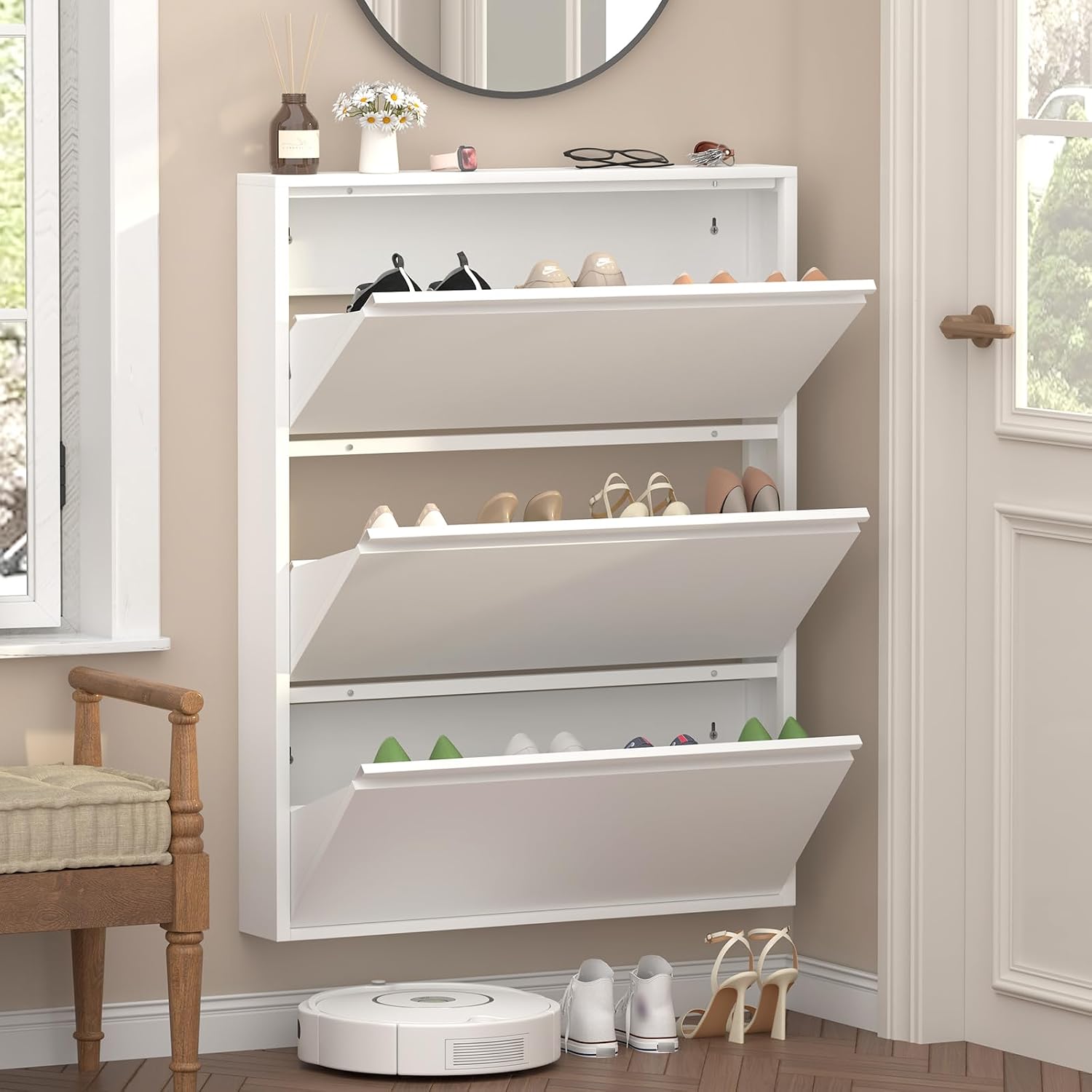 Detalle de GREATMEET S-WHITE3 Metal Shoe Cabinet, 3 Flip Drawers, White
