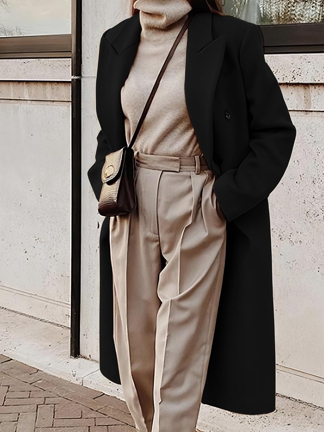 Detalle de IDEALSANXUN Women's Long Wool-Blend Coat, Double-Breasted Below-Knee Peacoat