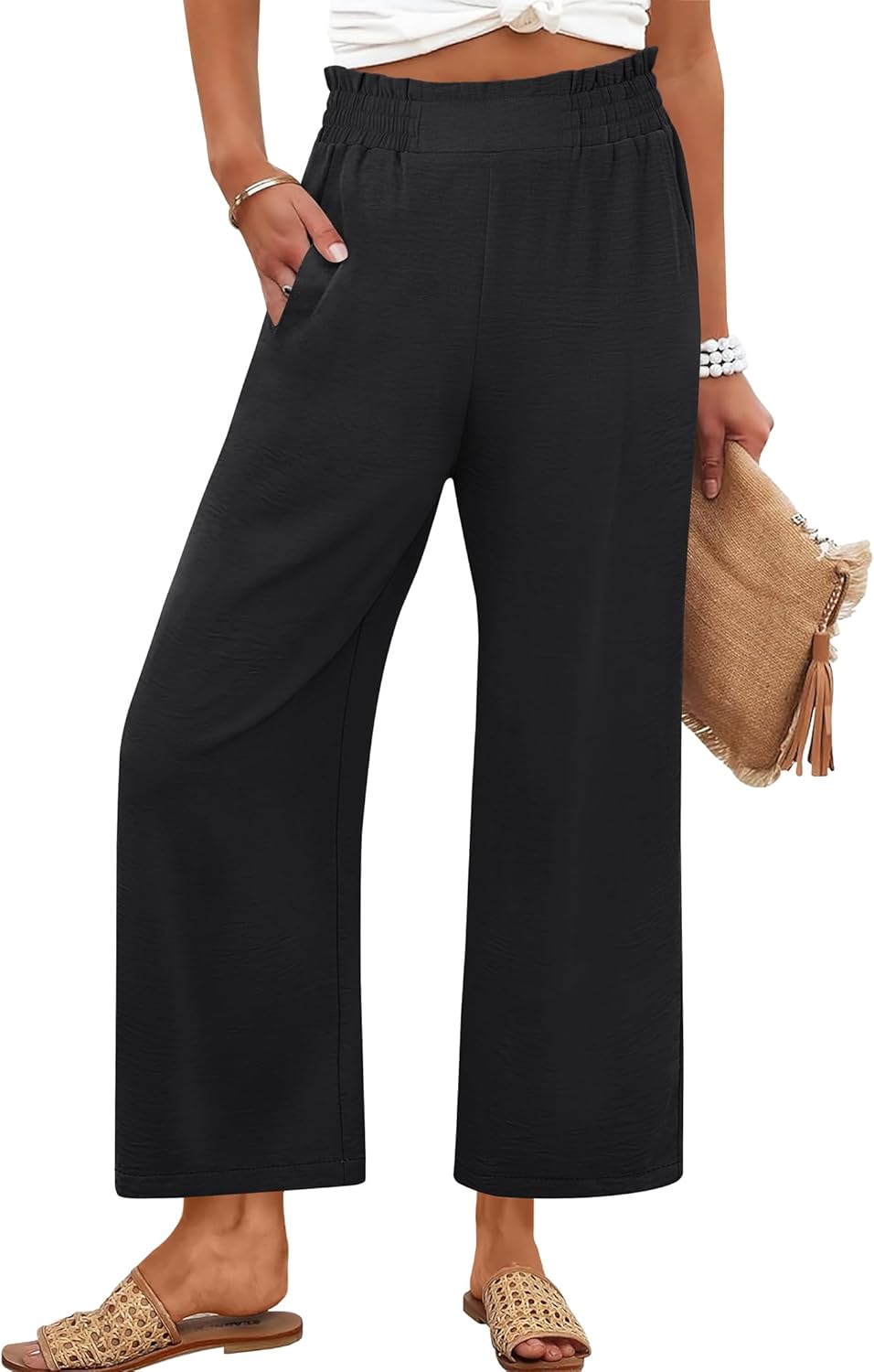 Detalle de ANRABESS Womens Wide Leg Palazzo Pants – High Waisted, Cropped, Beach-Ready with Pockets