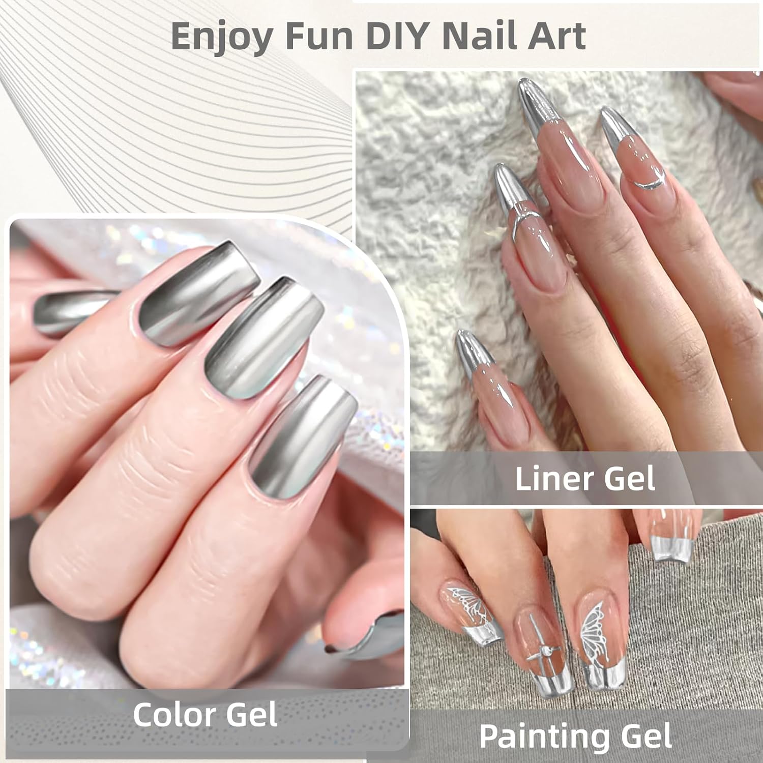 Thumbnail 3 de Metallic Painting Gel Liner Argento 8 ml per nail art effetto mirror chrome UV/LED