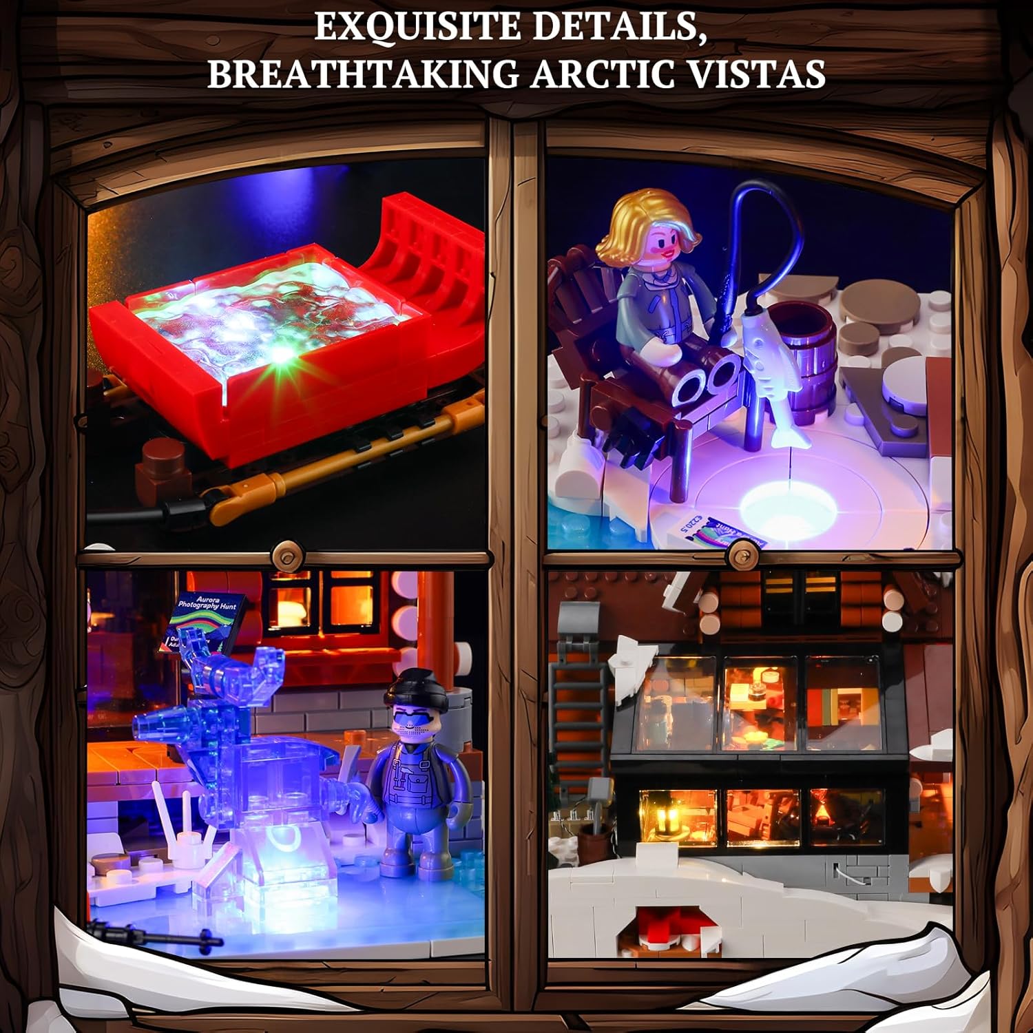 Detalle 2 de Lumibricks Aurora Cabin con LED – 2425 pezzi in legno, proiettore Aurora e scena artica per adulti