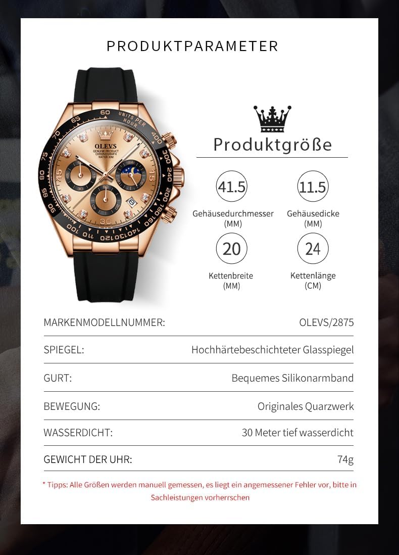 Thumbnail 3 de OLEVS Herren Chronograph Luxus Uhr mit Diamanten, Mondphase und Wasserdichtem Gehäuse