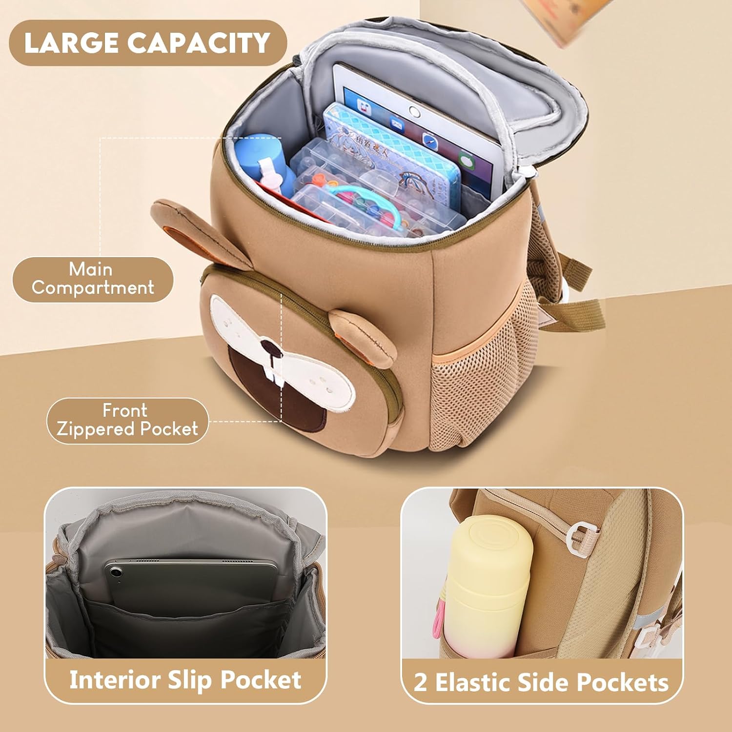 Thumbnail 3 de Aulenge Ultra-Waterproof School Backpack – Cute Rabbit Design with Anti-Lost Leash (Khaki)