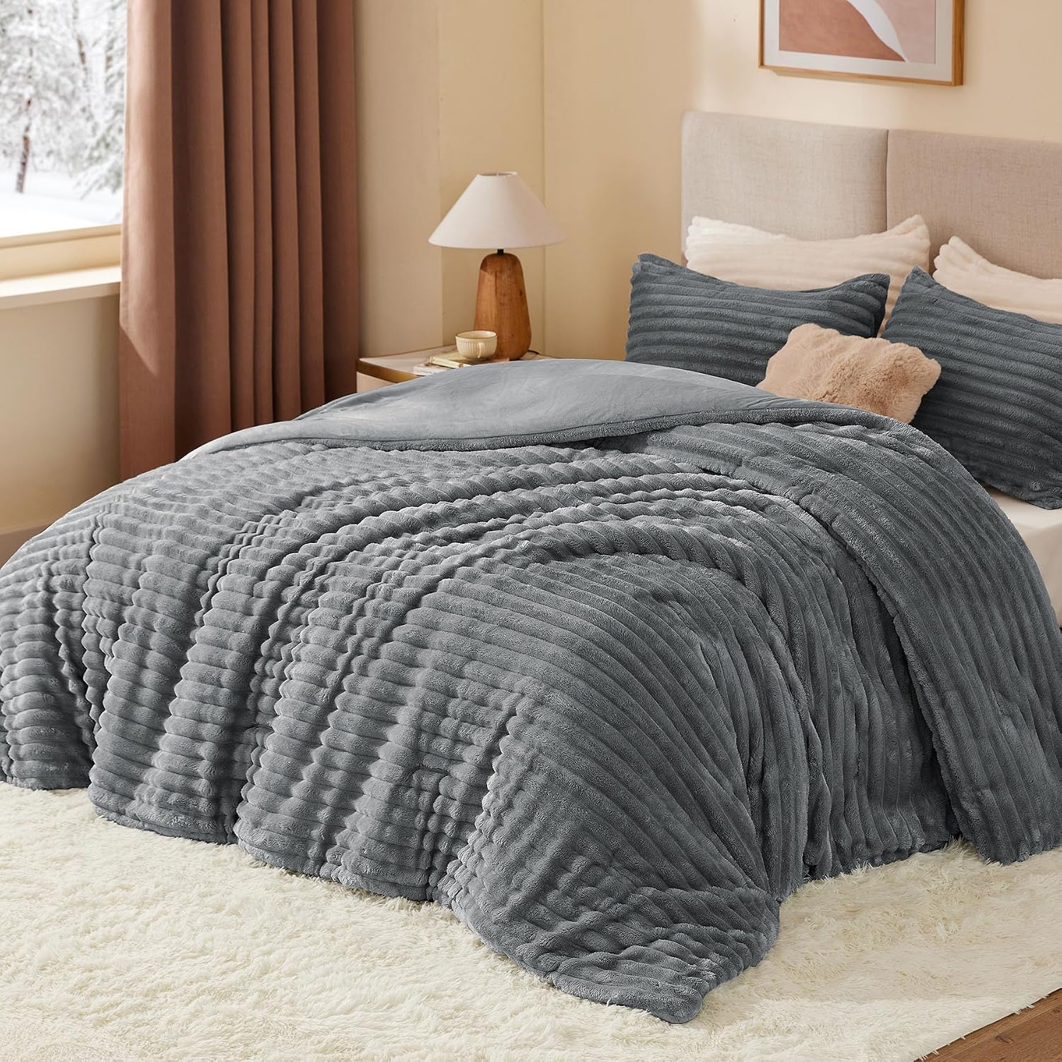 Thumbnail 1 de BEDELITE Full Fleece Comforter Set, Gray Polyester with Striped Plush Texture