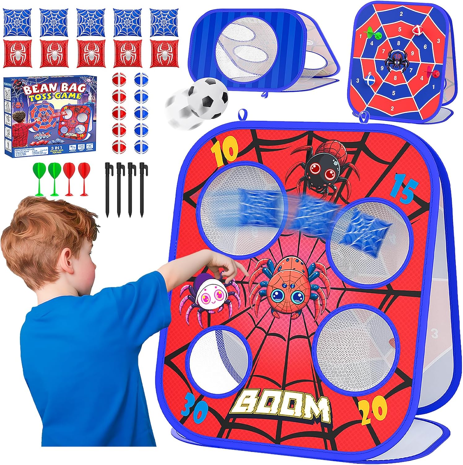 Detalle de Spider Bean Bag Toss Game: 3-in-1 Outdoor Cornhole, Dart & Toddler Football Set