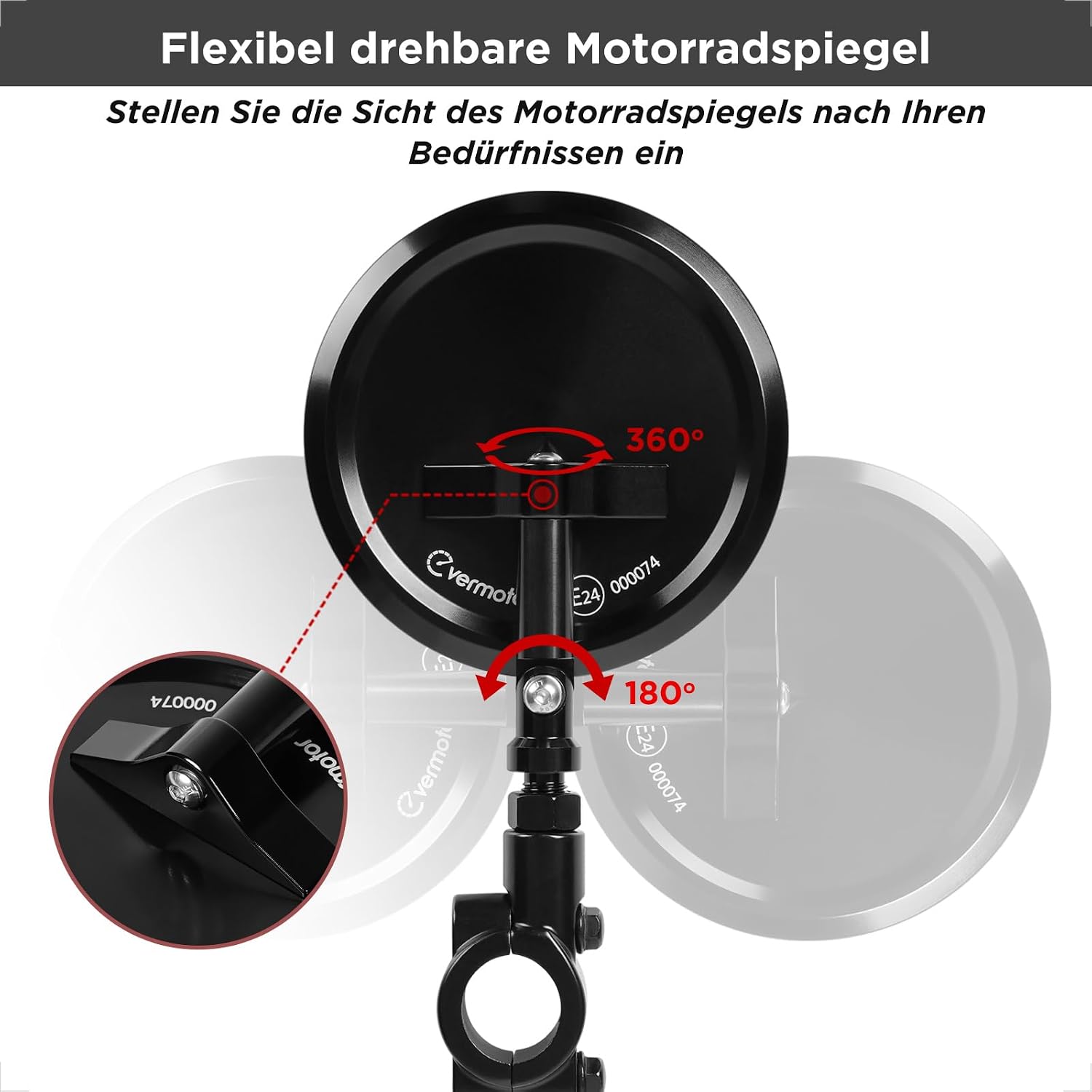 Detalle 2 de evermotor Motorradspiegel E-geprüft (E24) – CNC Lenkerendenspiegel Ø95 mm, 360° verstellbar, für Ø22 mm Lenker (Paar)