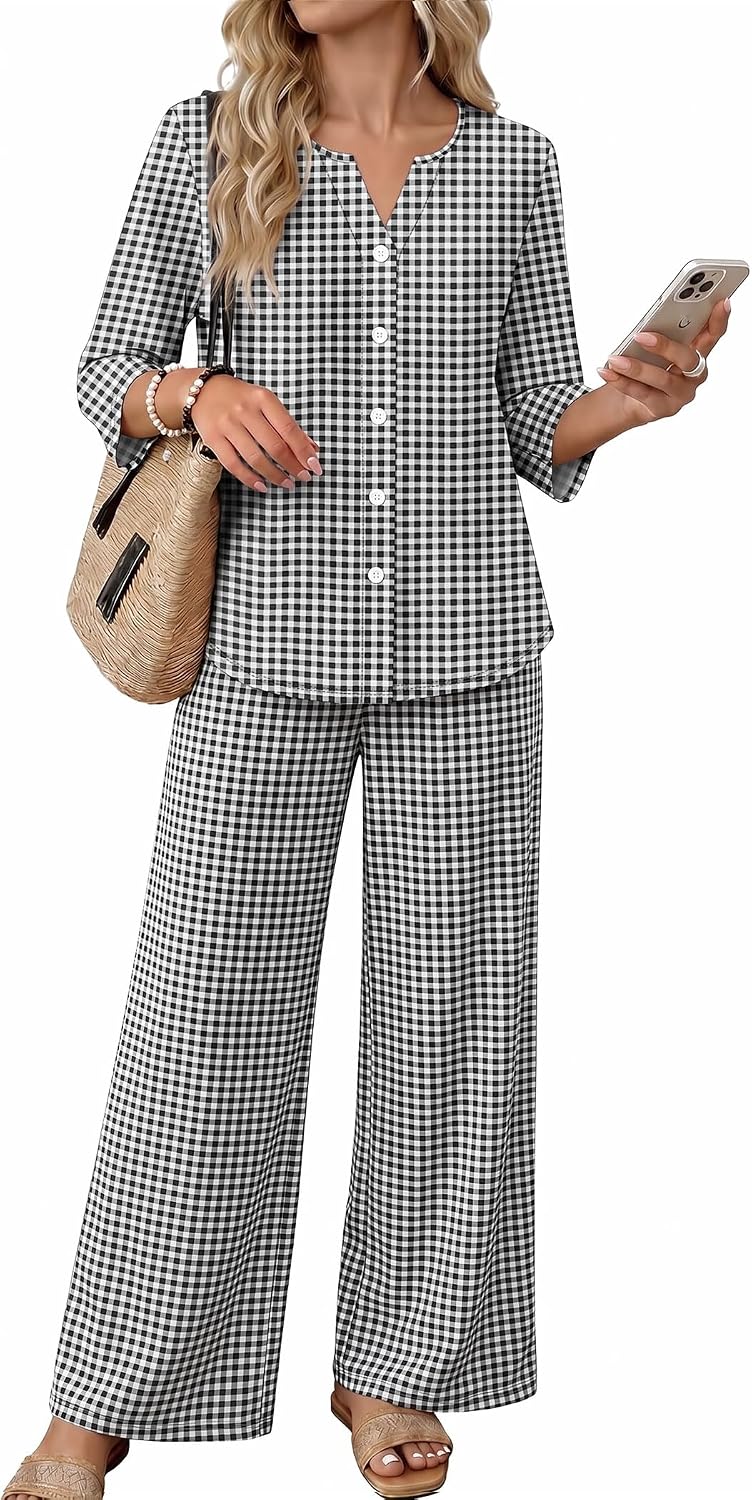 Detalle 2 de OFEEFAN Women's 2-Piece Loungewear Set with 3/4-Sleeve Top