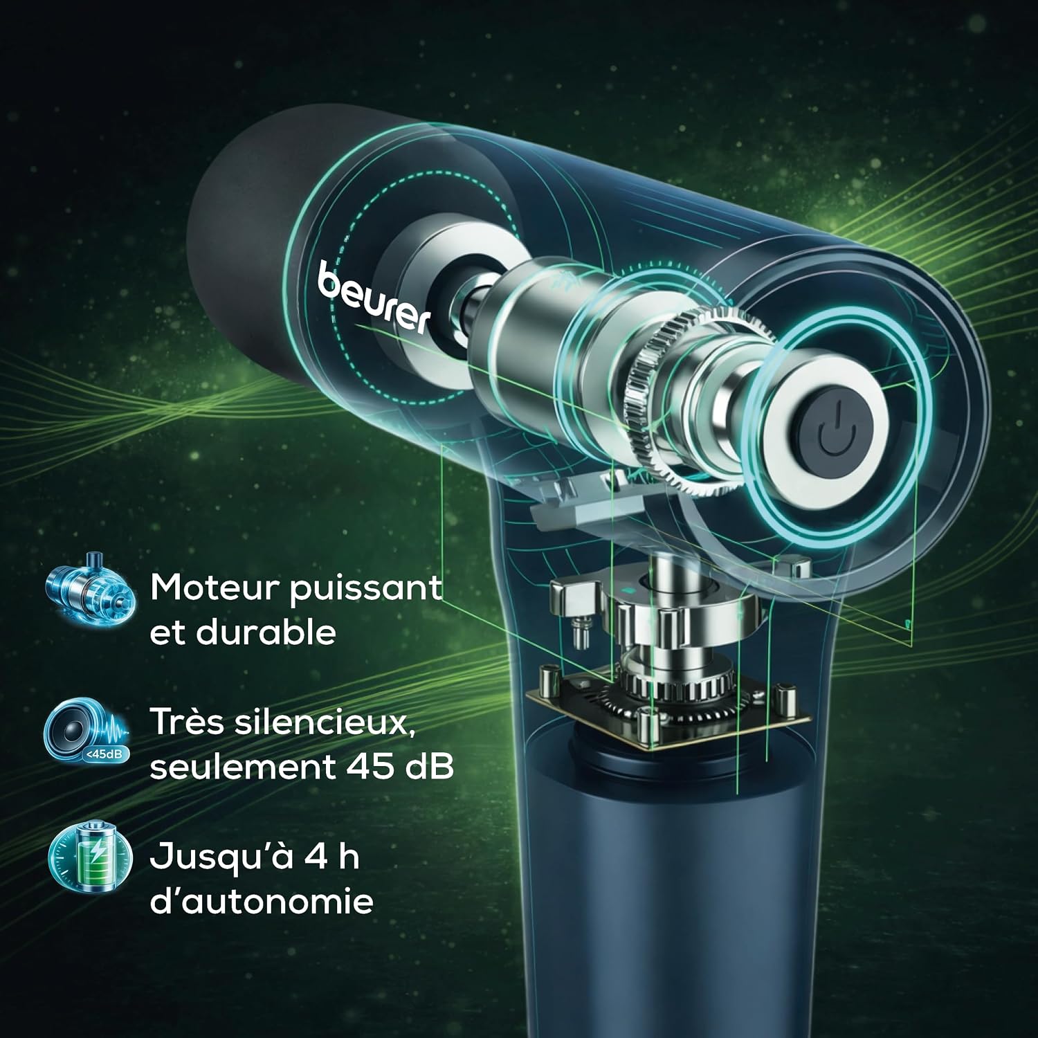 Detalle de Beurer PowerReload Pistolet de massage — 5 embouts, 5 niveaux, sans fil, ultra silencieux