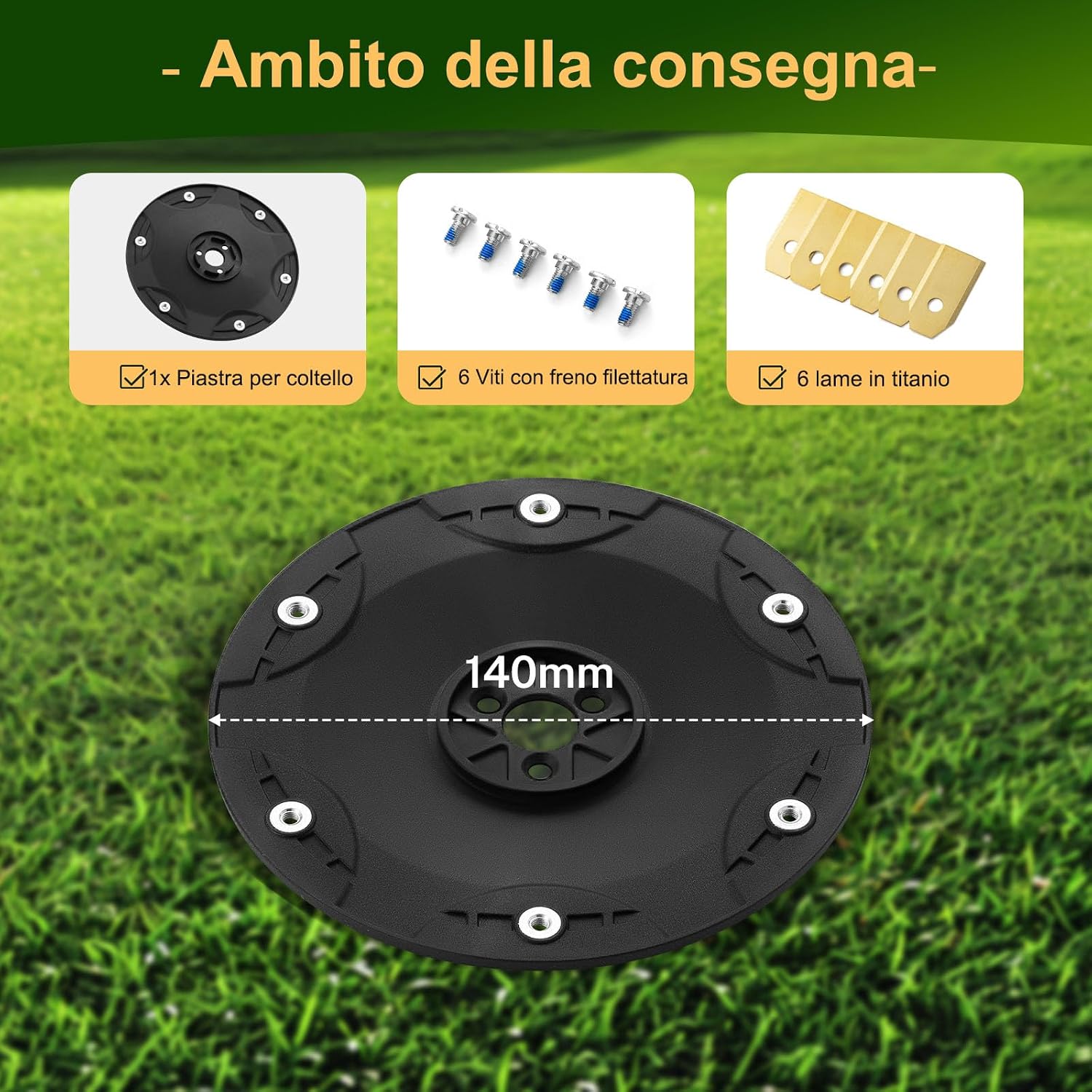 Detalle 2 de FourShow Taglio più Efficiente: Piastra Lama + 6 Lame di Ricambio compatibili con Husqvarna Automower 308, Gardena R70Li/R80Li (fino al 2015)
