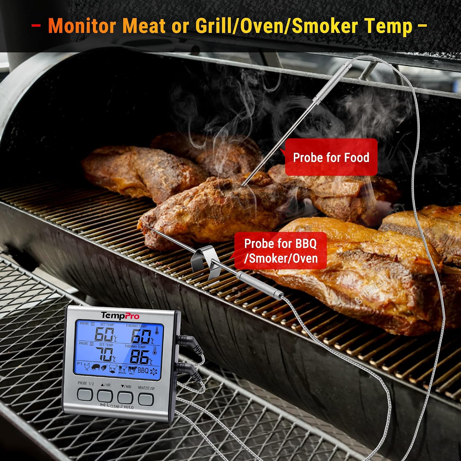 Detalle 2 de ThermoPro TP17 digitales Grillthermometer mit zwei Edelstahlsonden und blauem Hintergrunddisplay (bis 300 °C)