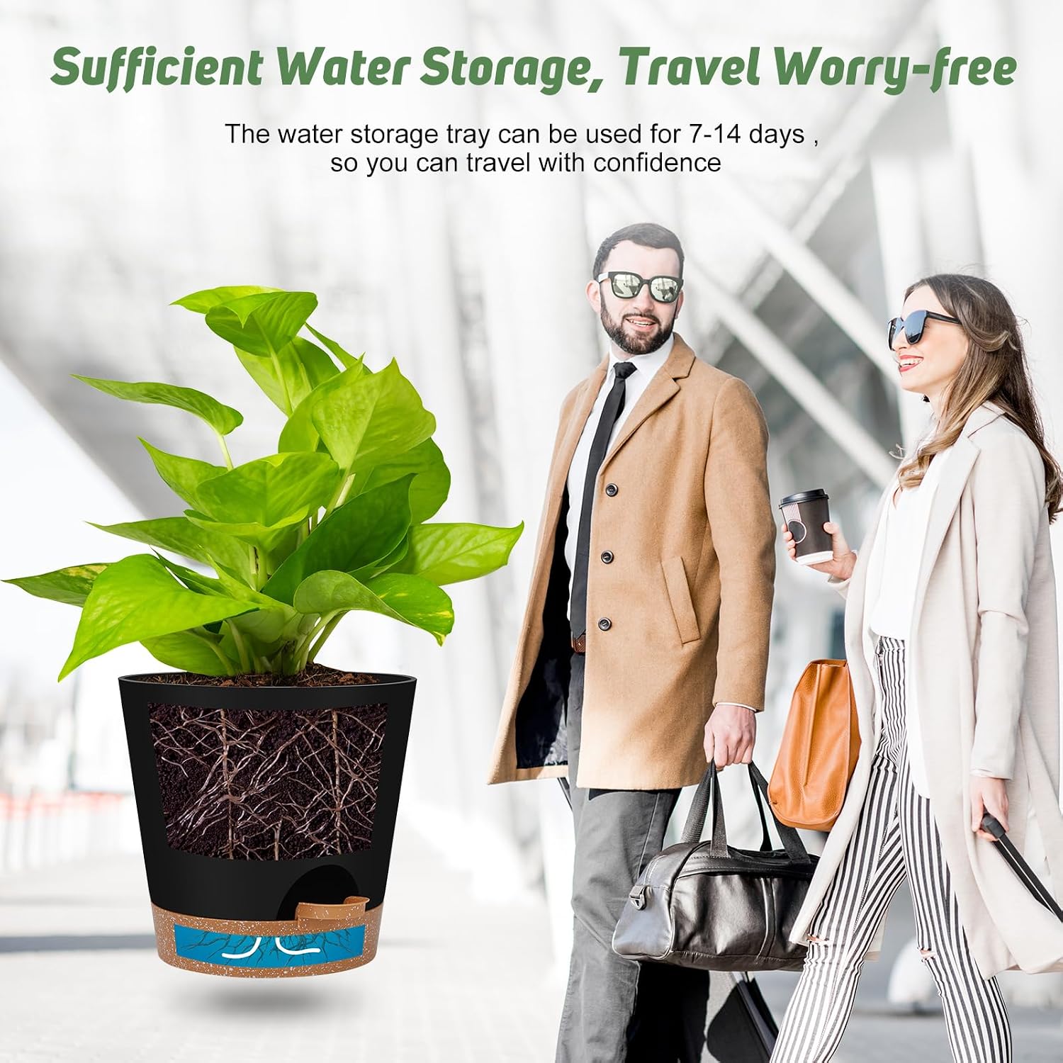 Detalle de YNNICO 6-Piece Self-Watering Planter Set, Black Plastic Pots, 5–8 Inches