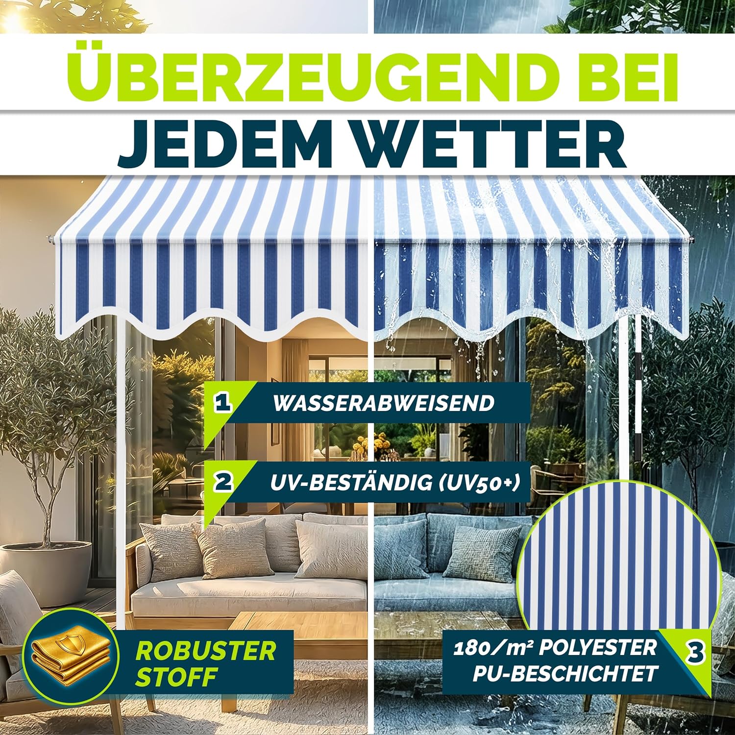 Thumbnail 3 de tillvex Klemmmarkise mit Handkurbel für Balkon, Terrasse & Garten (ohne Bohren) – Blau-Weiß, 250 cm