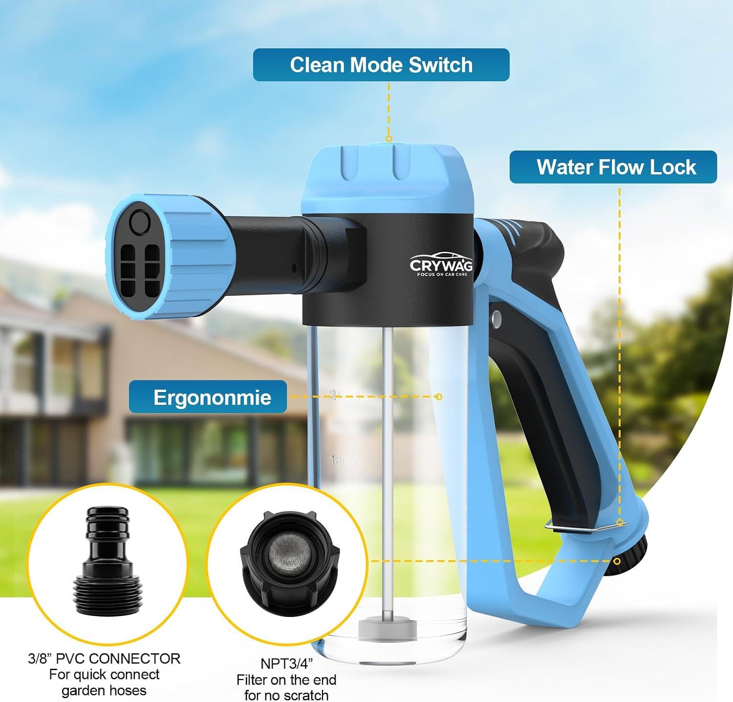 Detalle de Crywag Car Wash Foam Gun for Garden Hose: Thick Foam, Safe Scrub & 3 Spray Modes