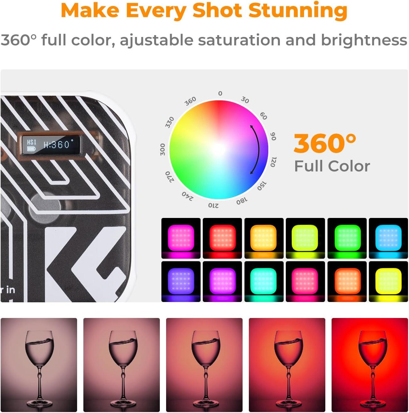 Detalle de K&F CONCEPT RGB Video Light with 21 effects (360° full colour) 2500K–9900K, CRI 96+