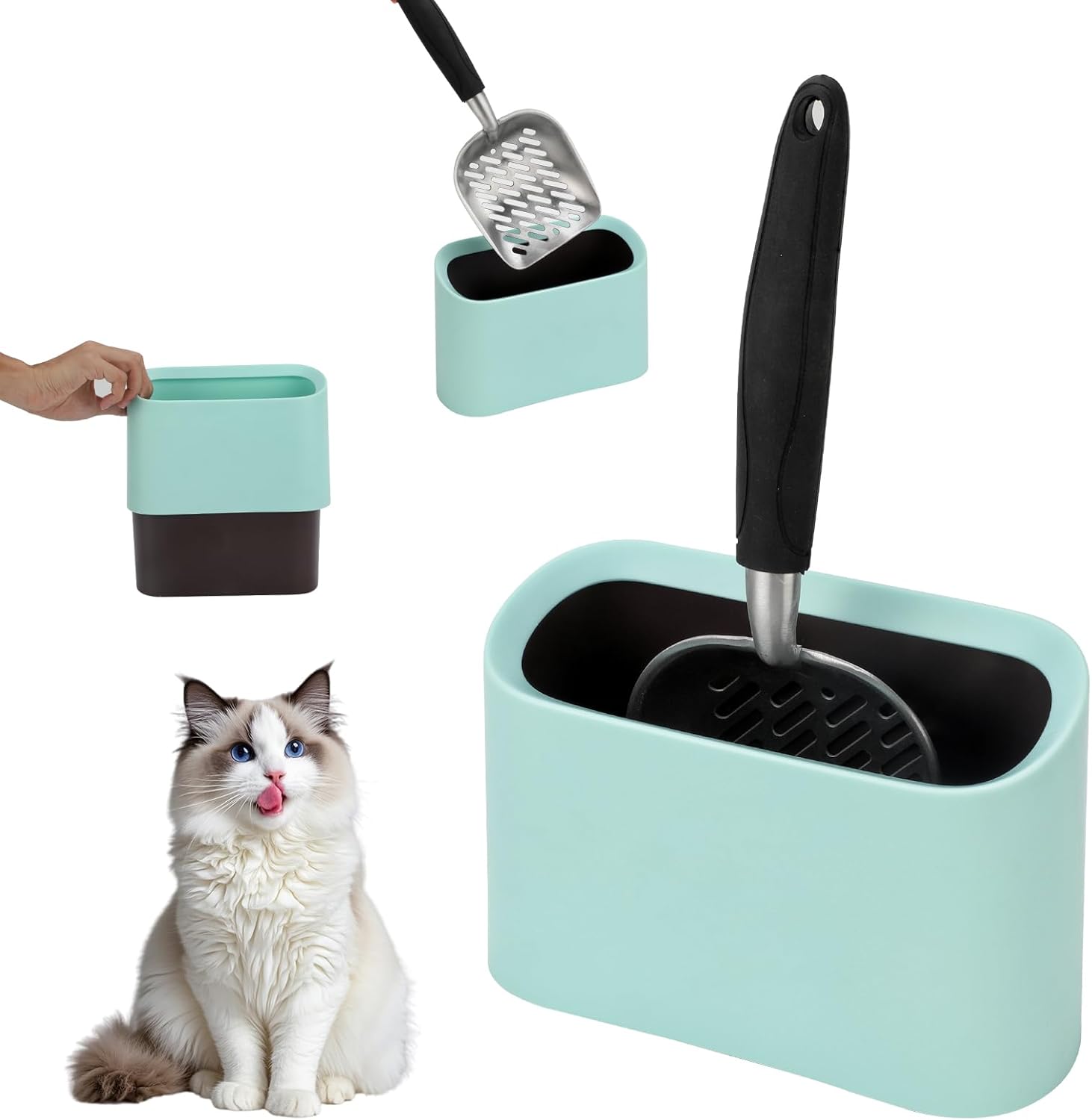 Mfsdai Aluminium Cat Litter Scoop with Holder – Ergonomic Long Handle, 5 mm Sieve & 2-in-1 Waste Container (Green)