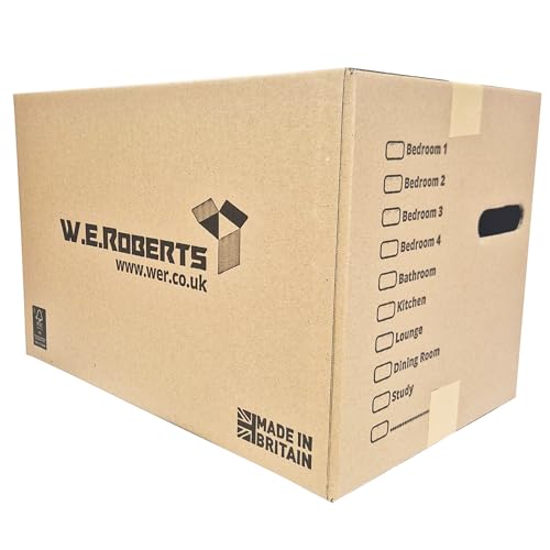 Detalle de W.E. Roberts 10 Strong Large Cardboard Storage Packing Boxes with Carry Handles and Room List (18" x 11" x 11" Internal) – Made in the UK