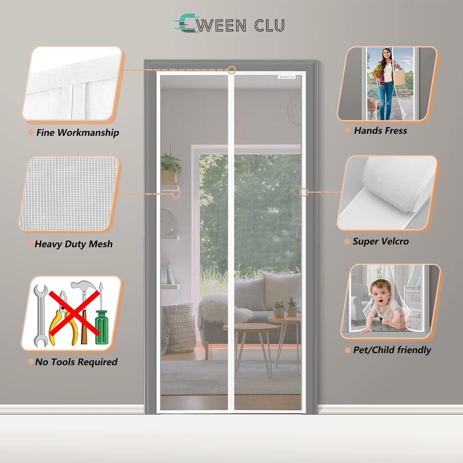 Thumbnail 2 de CWEEN CLU Fliegengitter Tür 95x200 cm – magnetische, bohrfreie Insektenschutz-Tür in Weiß