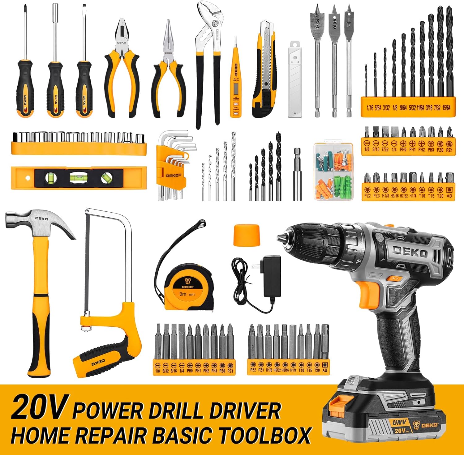 Detalle 2 de DEKO Cassetta Attrezzi Completa 20V con Trapano Avvitatore a Batteria, 186 Pezzi – Set Professionale per Casa e Lavori di Fai-da-te