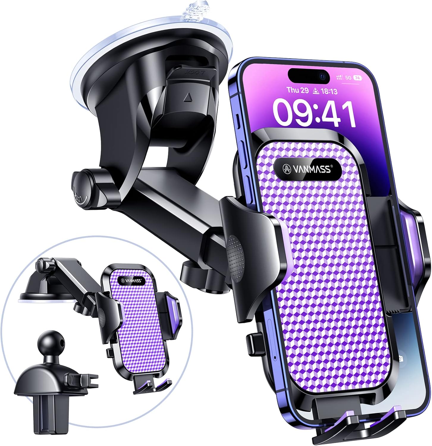 Detalle de VANMASS Car Phone Holder 2026 – Military-Grade, 85+ lbs Suction & Vent Clip
