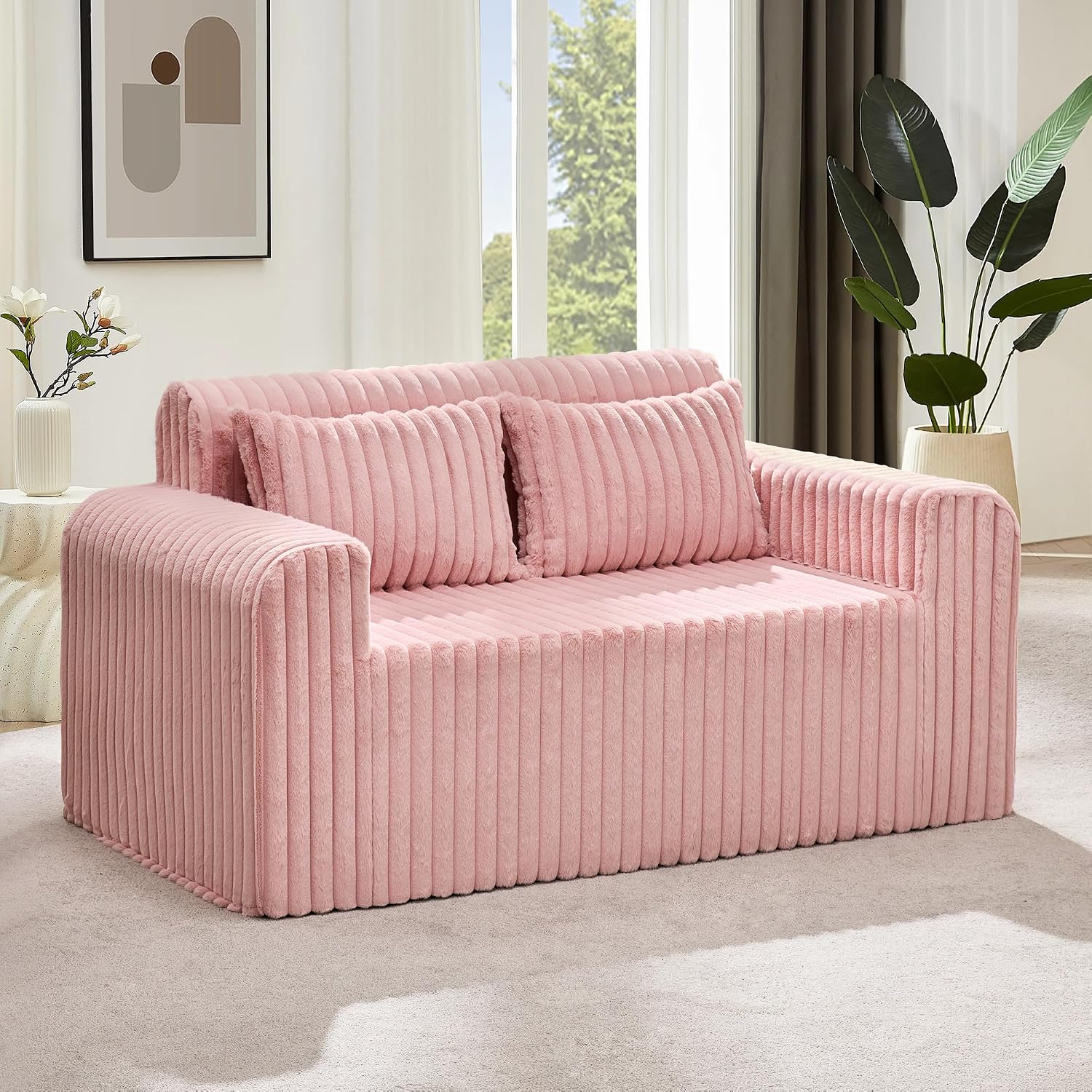 Detalle de Hobestluk NEW038-PINK-CA Foam Loveseat with Faux-Fur Fabric and 2 Pillows