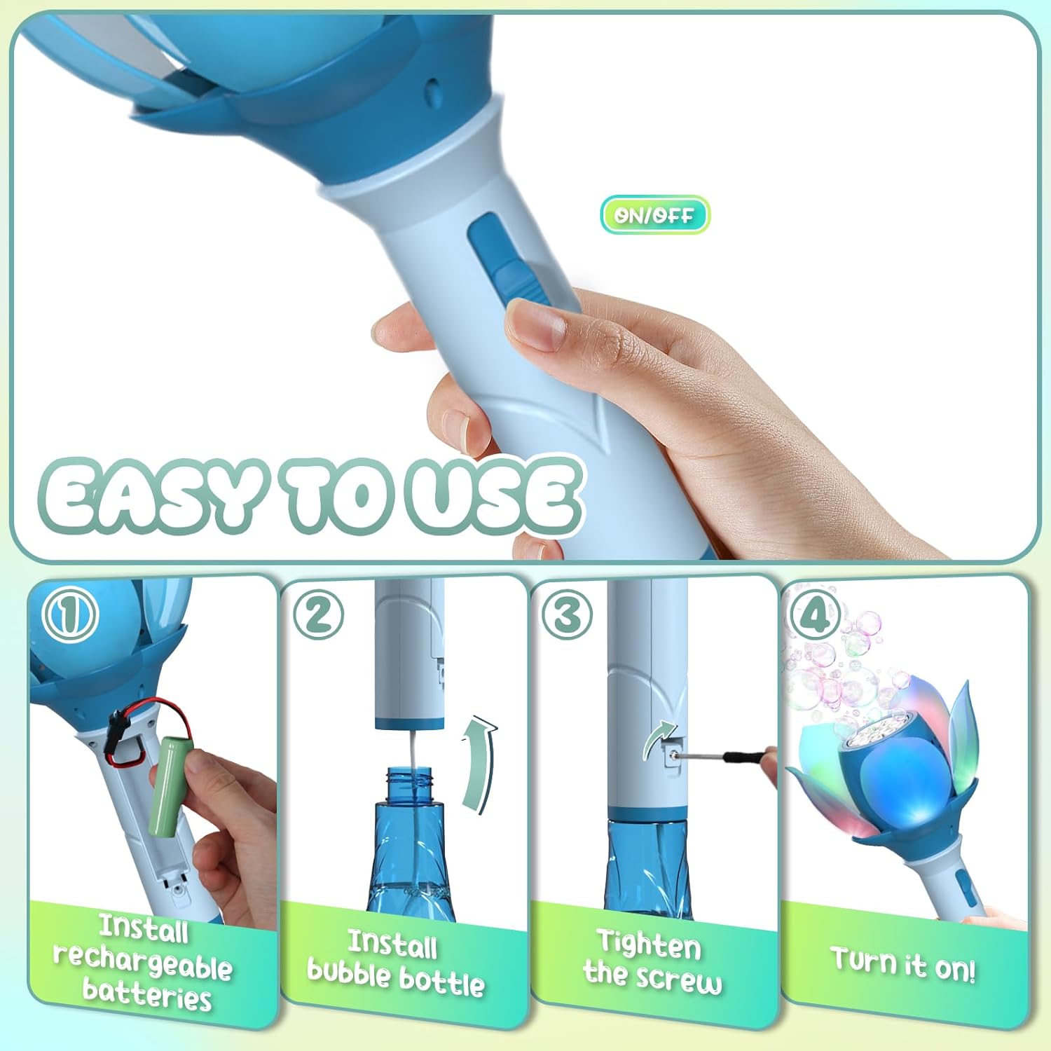 Thumbnail 4 de PANACARE Blumen Seifenblasenstab (elektronische Seifenblasenmaschine) für Kinder – Akku, Licht, 10 Löcher, blau