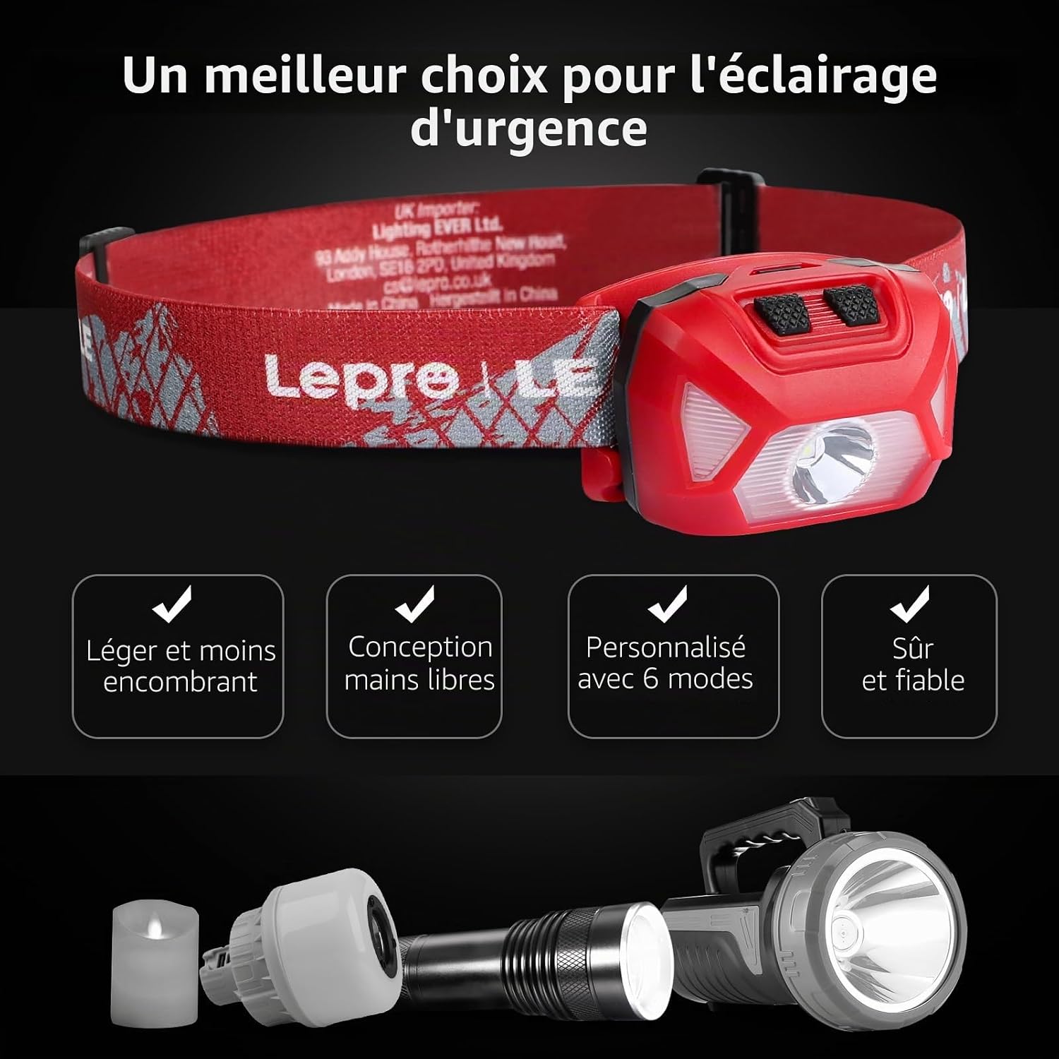 Thumbnail 6 de Lepro Lampe Frontale à Piles C500 – Frontale LED 1300 Lux, 6 Modes, IPX4, Ultra-légère