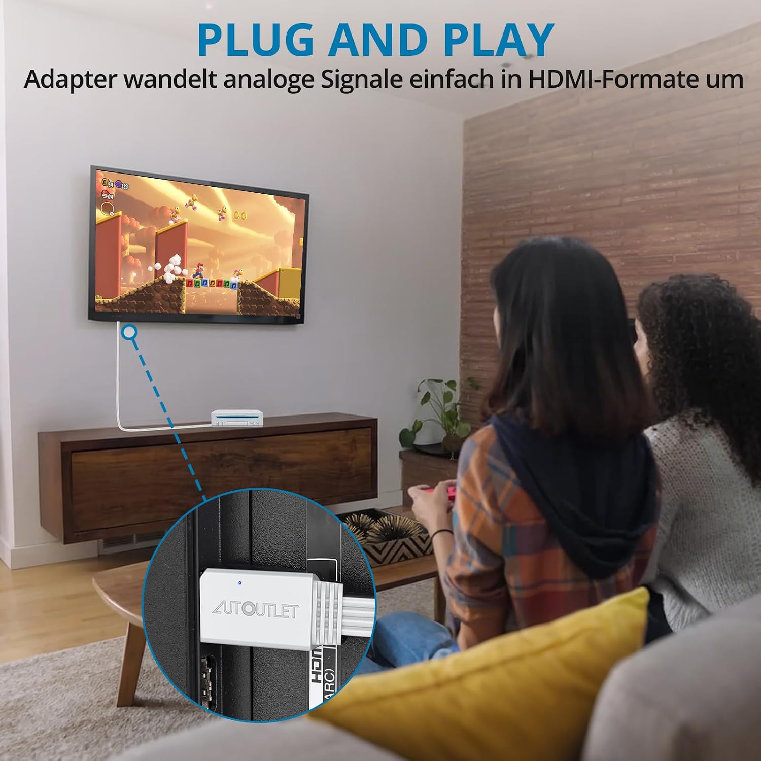 Detalle de AUTOUTLET Wii HDMI Adapter – Plug and Play Konverter für 720p/1080p mit integriertem 120 cm Kabel