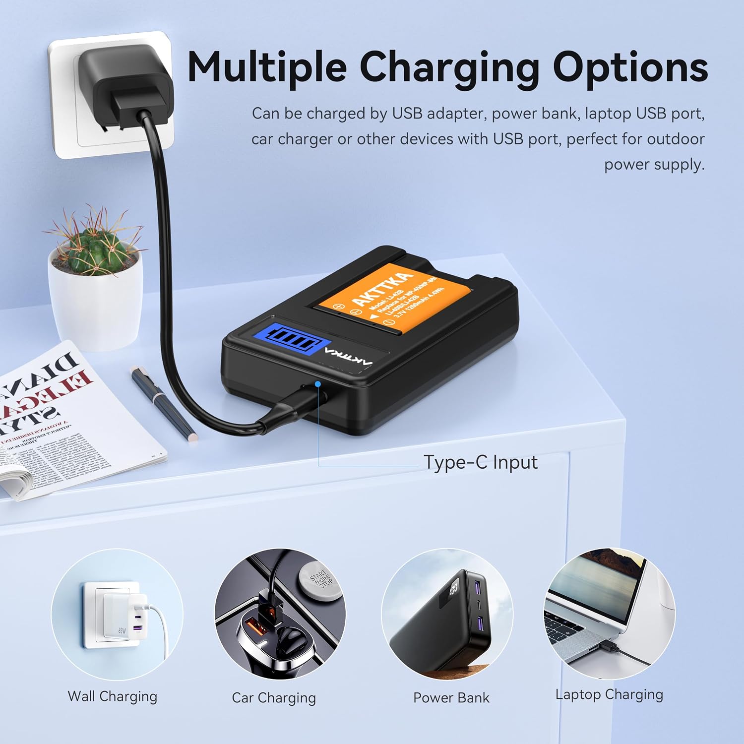 Detalle de Kit batterie AKTTKA NP-45 (2×1200mAh) con caricabatterie USB-C compatibile Olympus, Nikon e Fujifilm