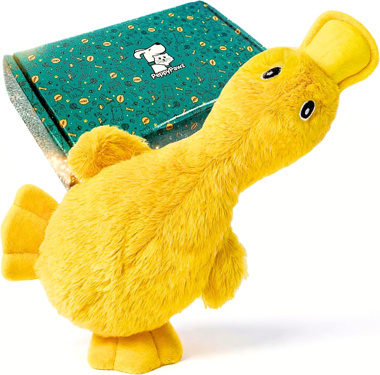 Detalle de Minimal Stuffing Ozzy the Duck squeaky & crinkle plush dog toy (gift box, yellow)