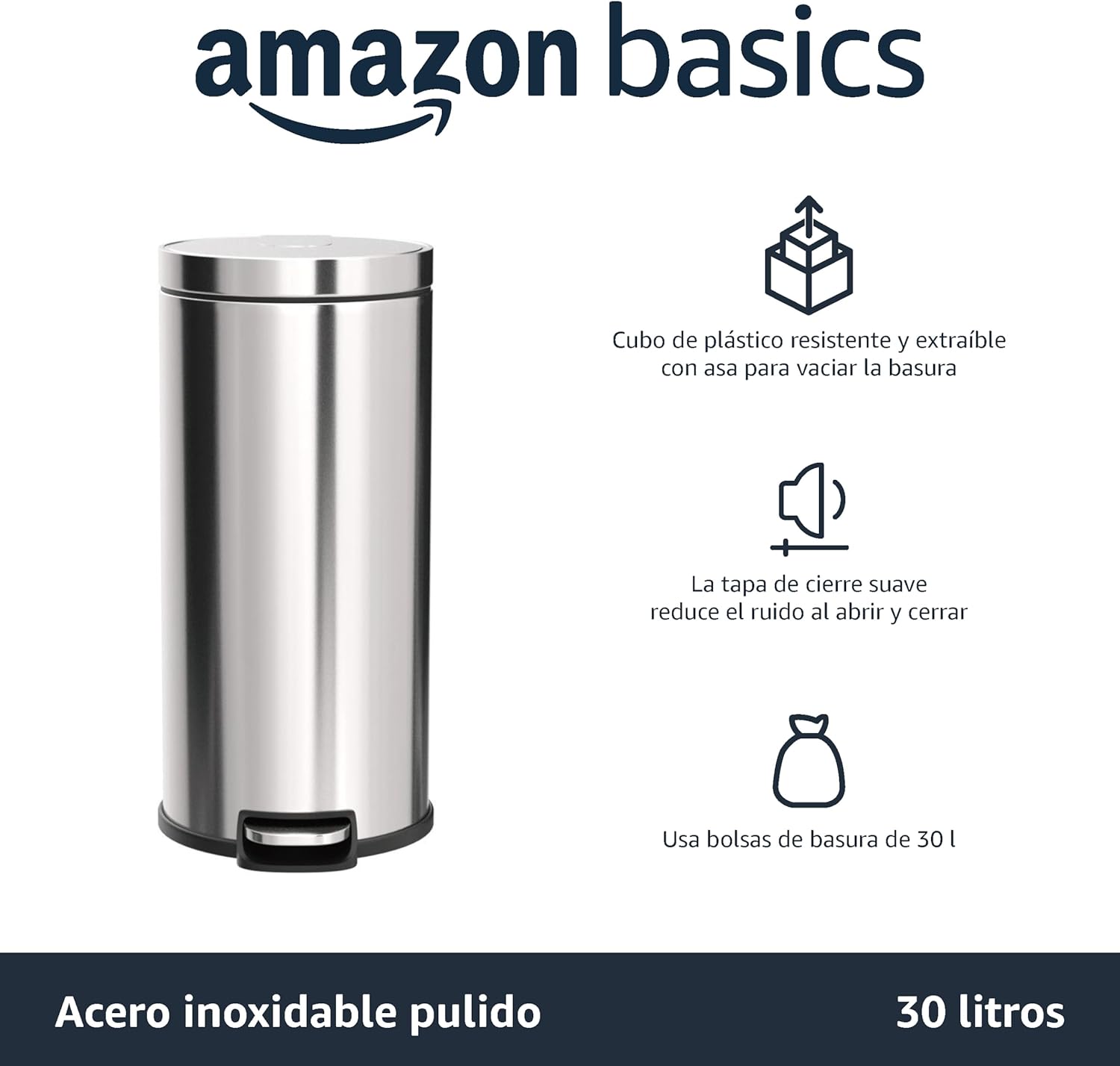 Detalle 2 de Amazon Basics Cubo de Basura Suave 30L Metálico 🗑