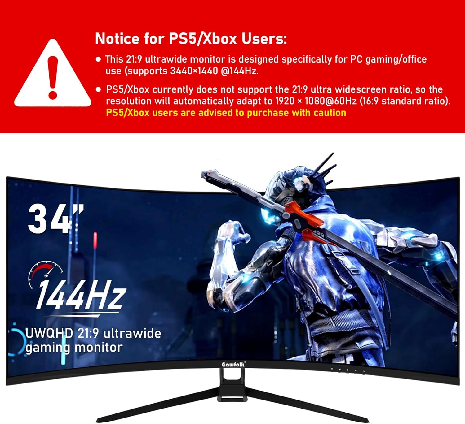 Detalle de Gawfolk 34 inch ultrawide gaming monitor 144Hz