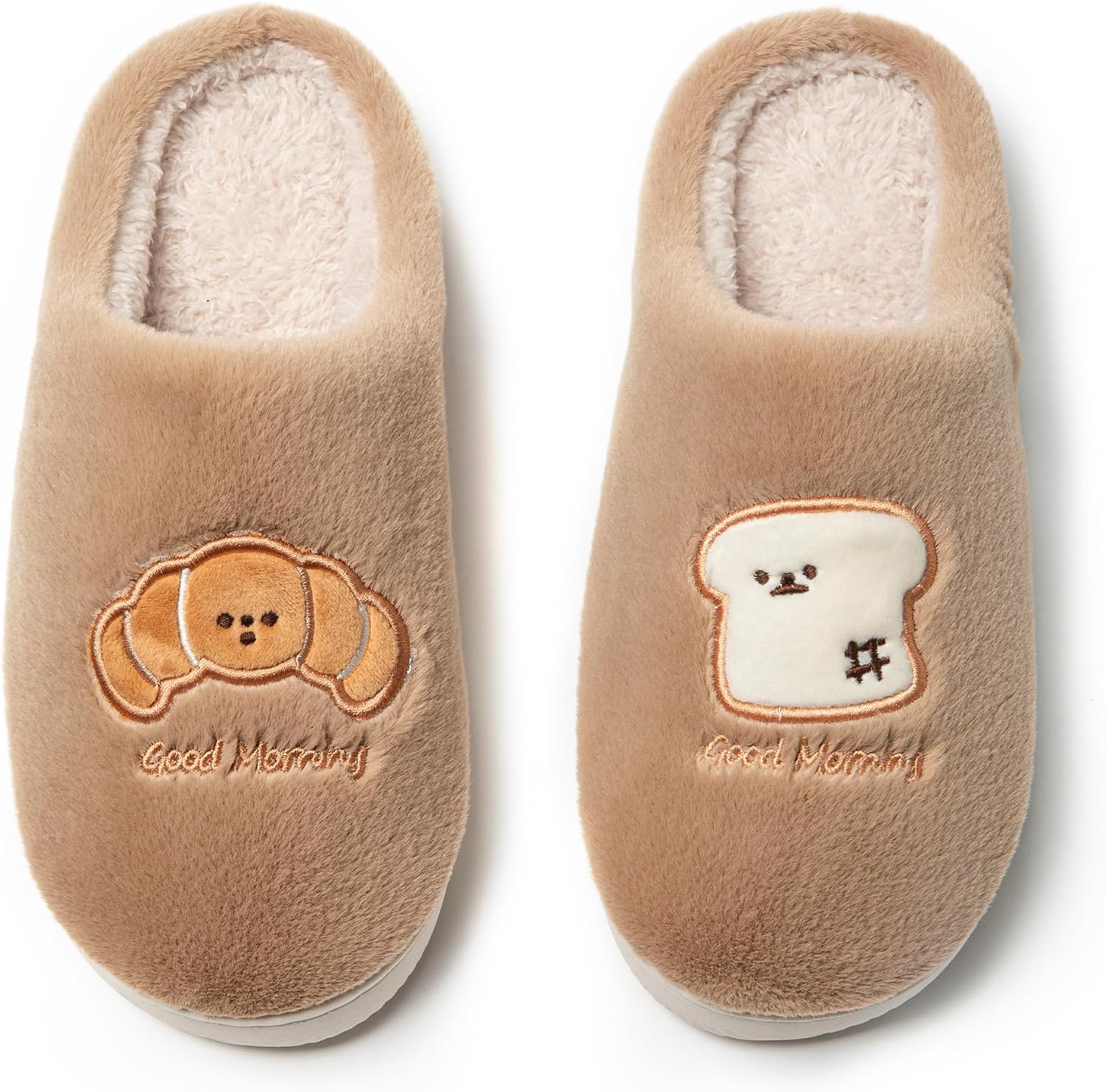 Detalle de JOMIX winterpantoffels voor dames met brood- en briocheborduurwerk, pluche en TPR-zool