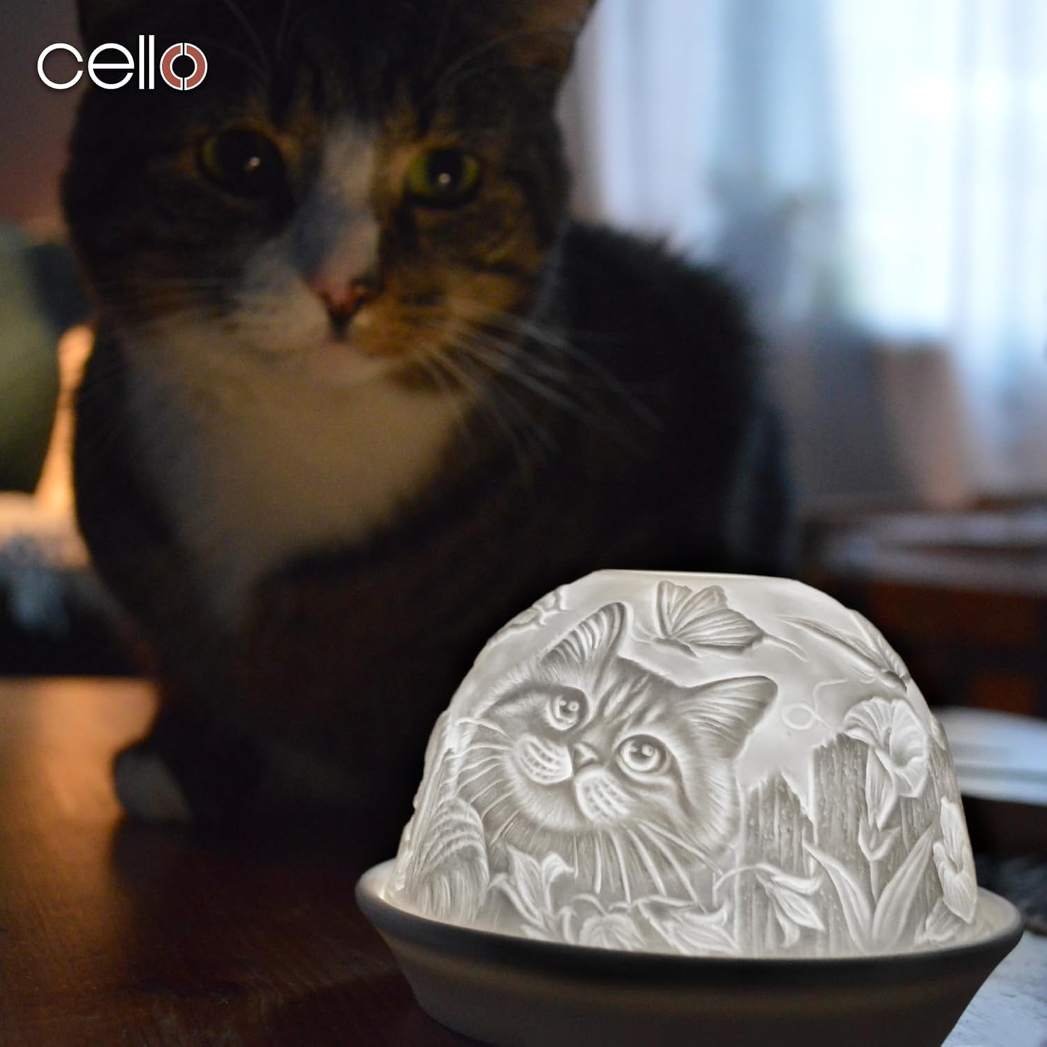 Thumbnail 5 de Porzellan Teelichthalter „Dome“ mit 3D-Projektionsmotiv – Katzendesign als LED-/Teelicht-Wachswärmer