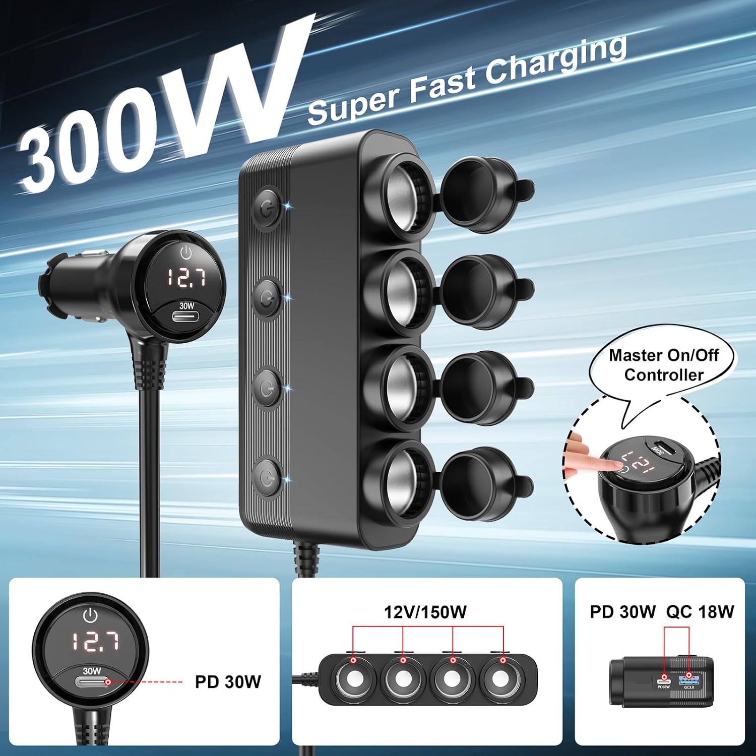 Detalle de 4-Steckdose Auto 12 Volt Verteiler 300W mit USB-C (PD30W) – KFZ Zigarettenanzünder Adapter mit Schalter & LED-Spannungsanzeige