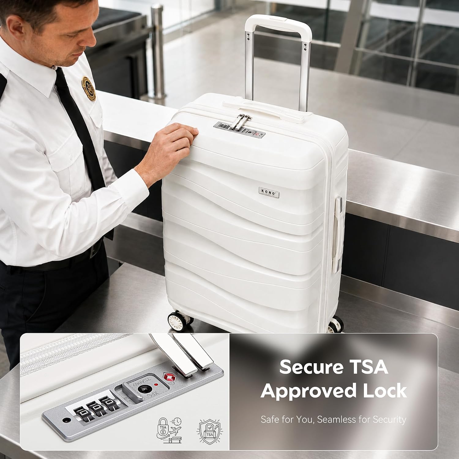Thumbnail 4 de Kono Large Suitcase: Lightweight White PP Hard Shell with TSA Lock and YKK Zips
