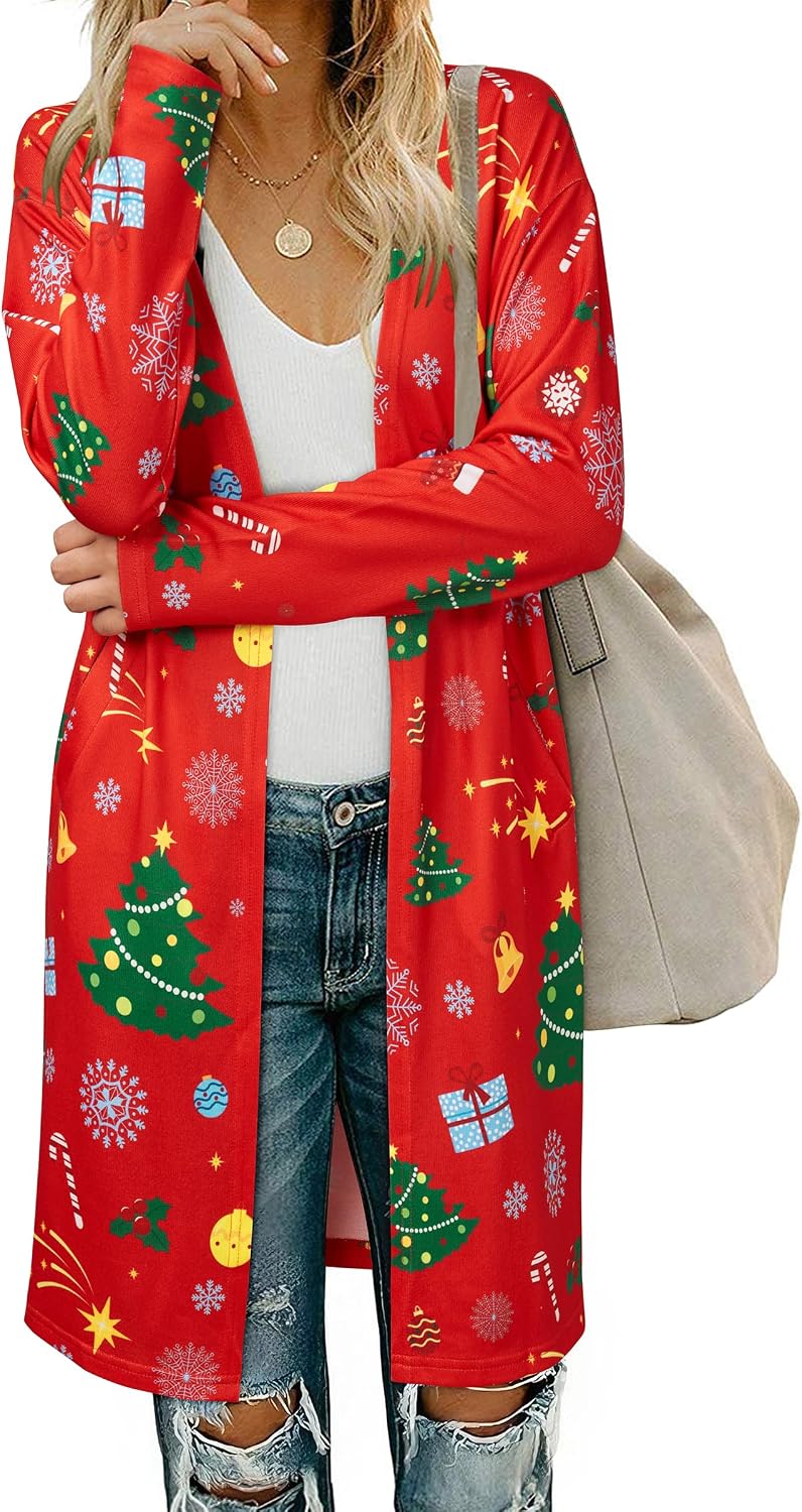 Thumbnail 6 de OUGES Damen Langarm Strickjacke Lang Leicht Cardigan Casual Strickmantel mit Taschen