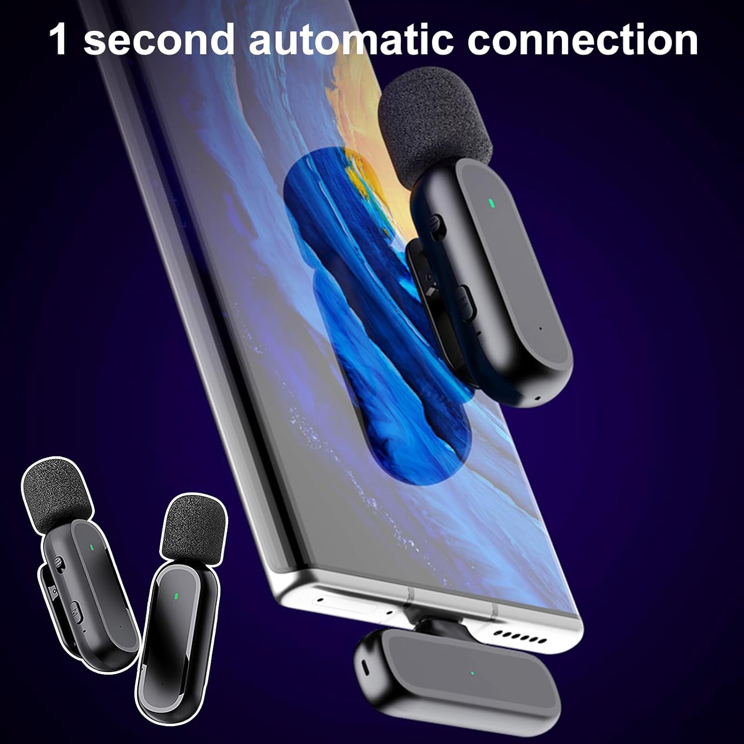 Detalle 2 de 2er-Set kabellose Lavalier-Mikrofone für Android – Plug & Play, mit Adapter, 65 ft Reichweite, Rauschunterdrückung