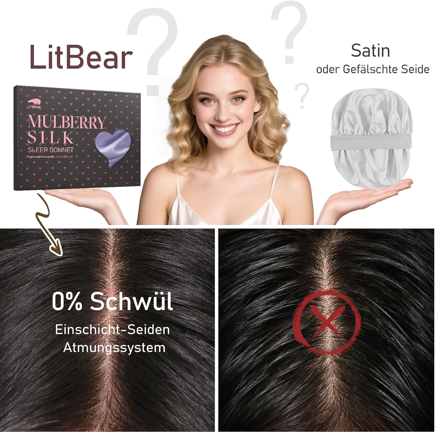 Detalle 2 de LitBear 22 Momme Seidenhaube zum Schlafen (Schlafmütze) aus 100% Maulbeerseide, mit verstellbarem elastischem Band