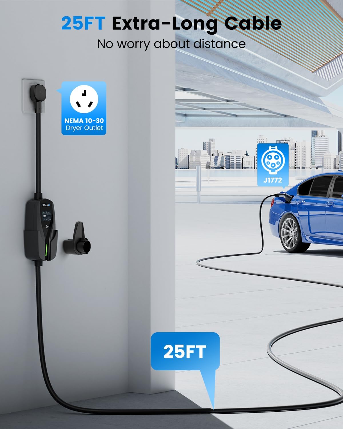 Detalle de SEGUMA Level 2 EV Charger with NEMA 10-30 Plug, 24A 240V (10–24A Adjustable), 25FT J1772 Portable Dryer-Outlet Charger