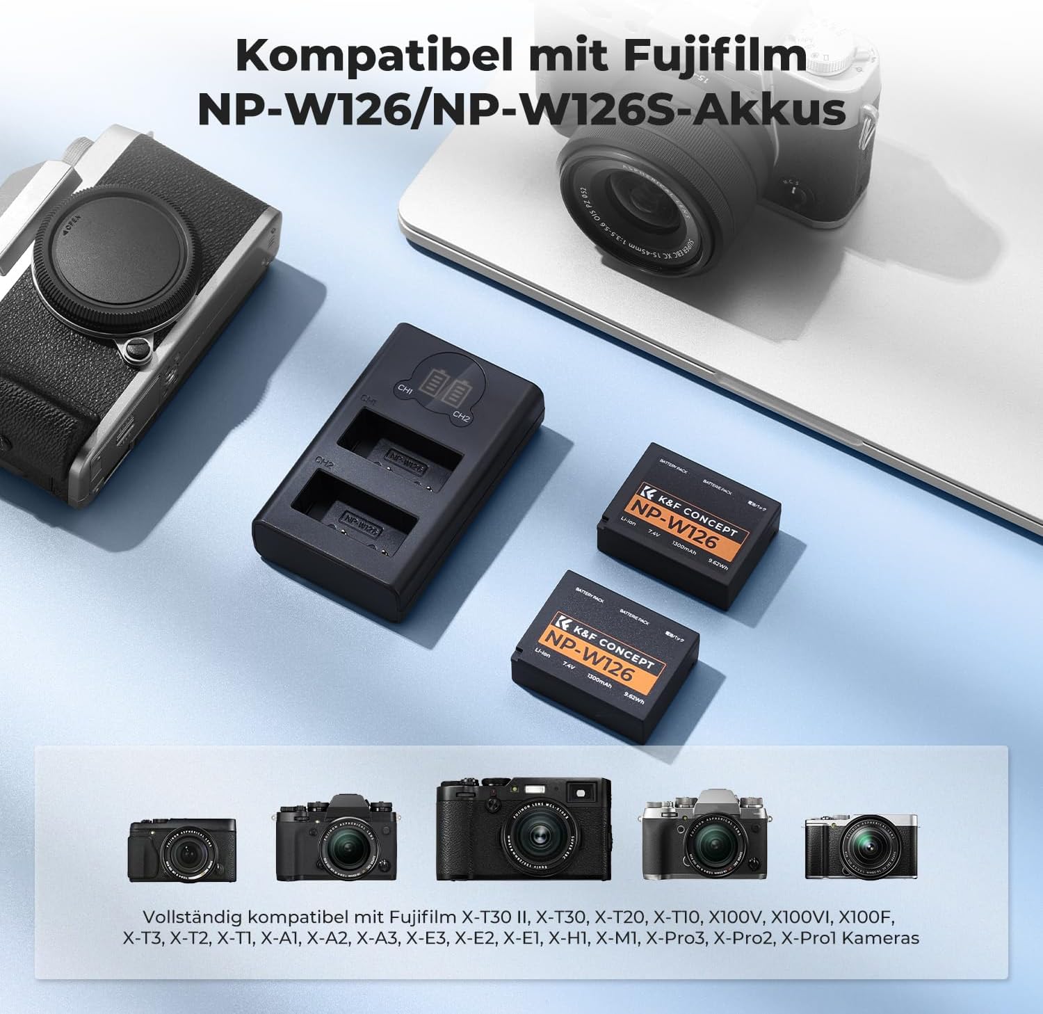 Thumbnail 2 de K&F CONCEPT NP-W126 / NP-W126S Akku (2er-Set) + Dual-Slot Schnellladegerät mit USB-C und Micro-USB – kompatibel mit Fujifilm