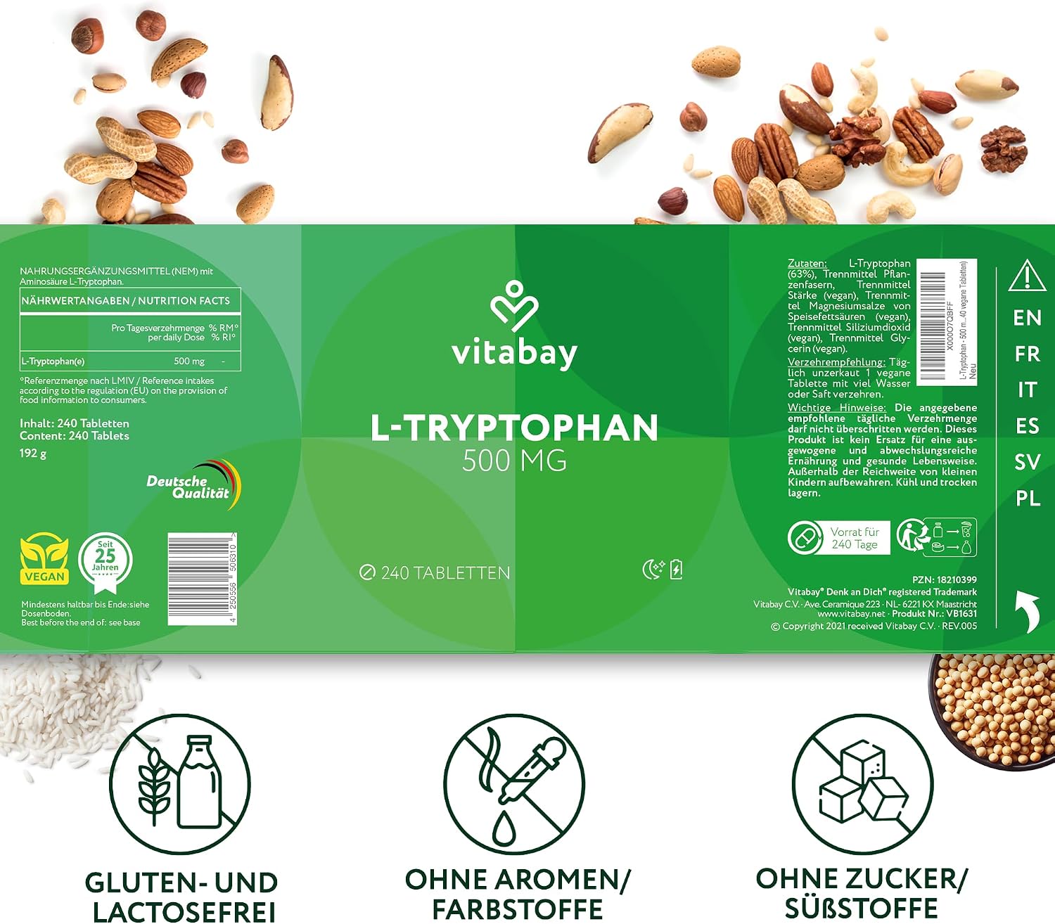 Detalle de Vitabay L Tryptophan Hochdosiert 500 mg – 240 Tabletten, vegan & laborgeprüft