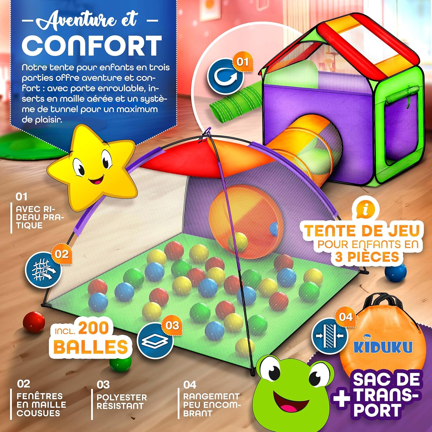 Detalle de Tente de jeu KIDUKU Igloo avec tunnel, maison, 200 balles et étui de transport
