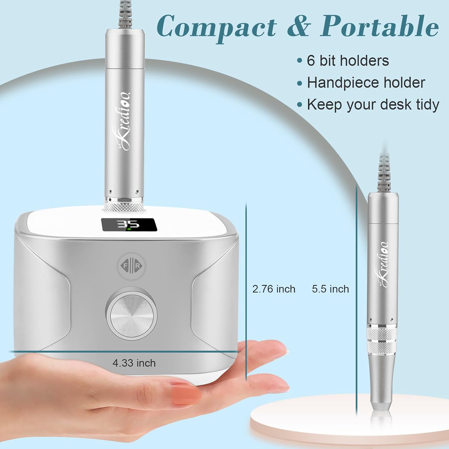 Thumbnail 6 de Kredioo Nagelfräser für Gel- und Acrylnägel – 35000 U/min, LED-Display, 11 Bits, 2-in-1 Touch, Silber