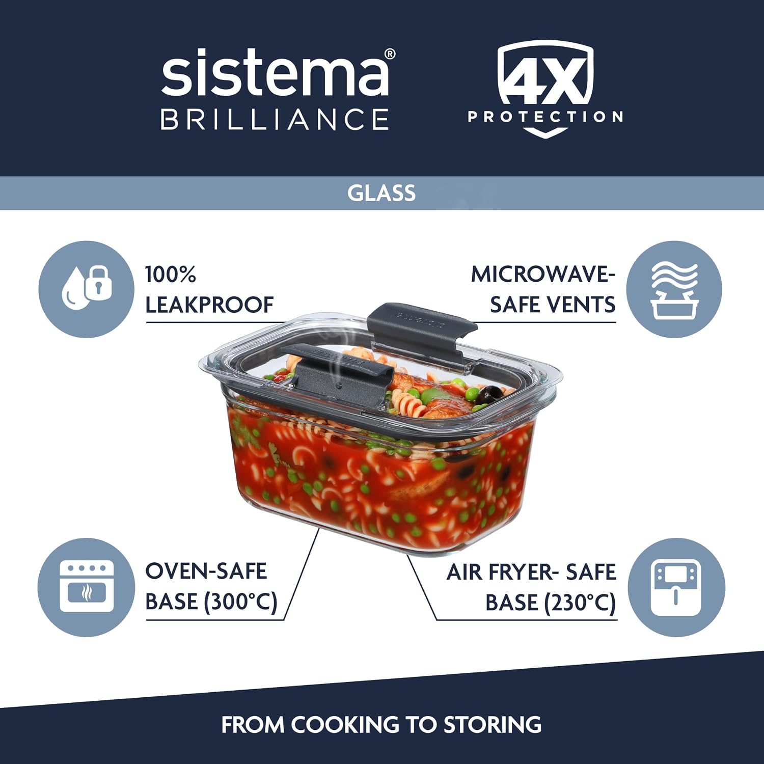 Detalle de Sistema Brilliance 1.1L Glass Meal Prep Containers, 3 Pack, Borosilicate Glass