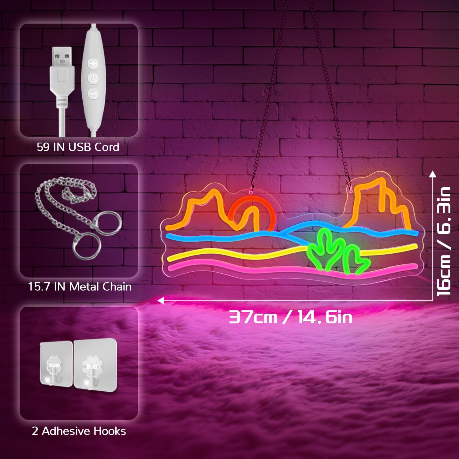 Detalle 2 de Lxmoneon Berg Neon Schild (USB) – Wüsten-Sonnenuntergang als LED-Wanddekoration